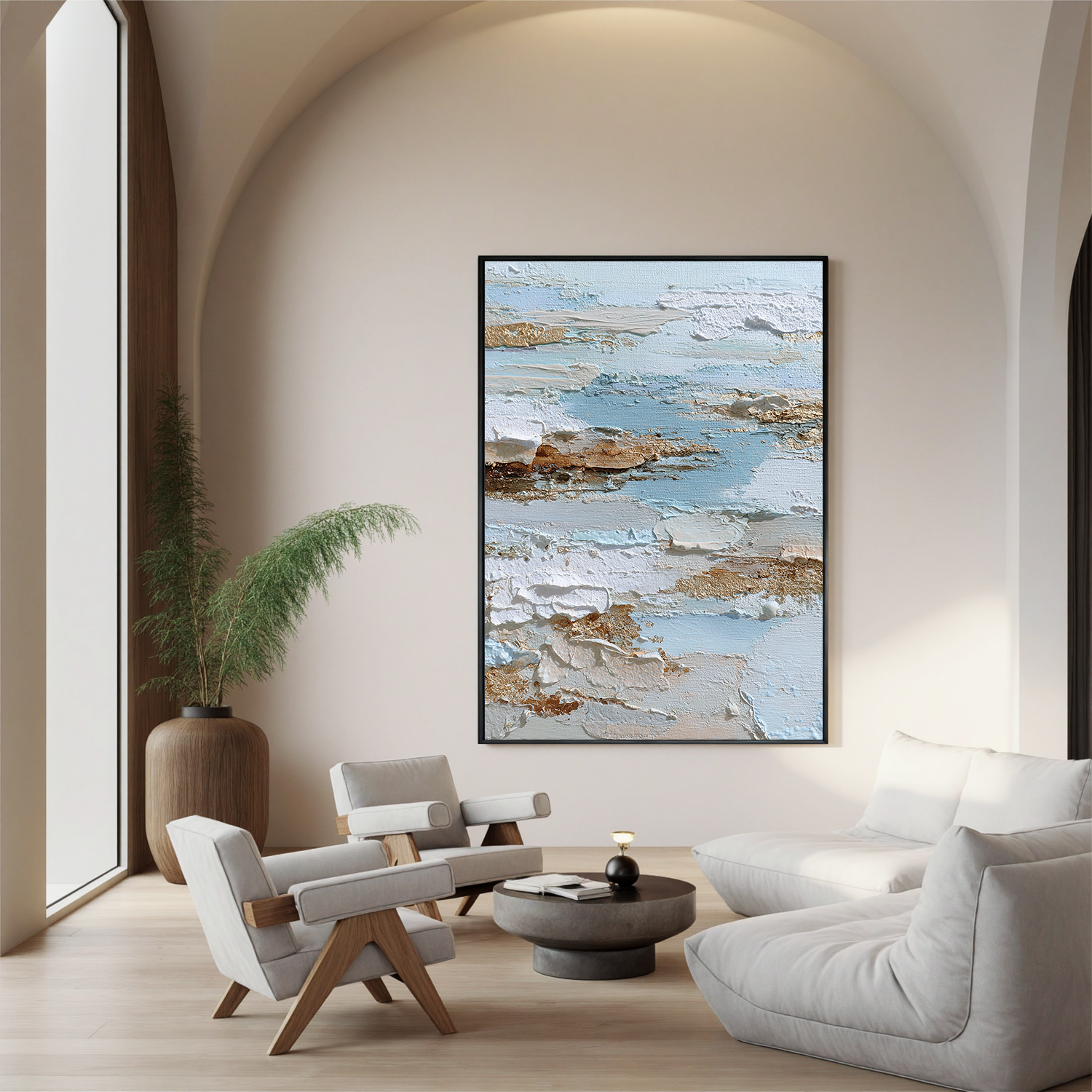 Vertical Abstract Coastal Canvas Wall Art – Light Blue & Neutral Texture Seascape Painting for Modern Home Decor#OA 0844