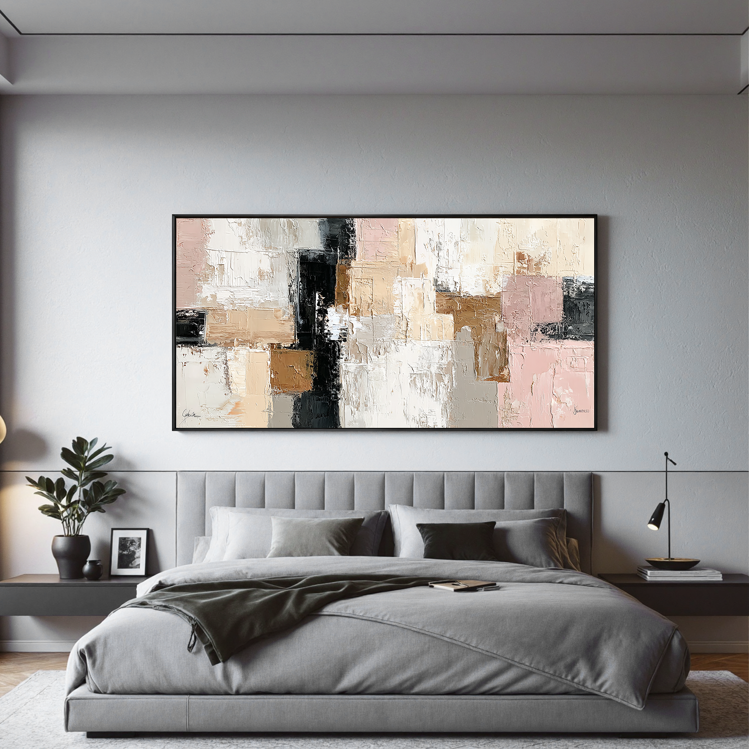 Large Neutral Abstract Canvas Wall Art – Textured Beige Blush Pink Painting for Modern Living Room Decor#OA 0873