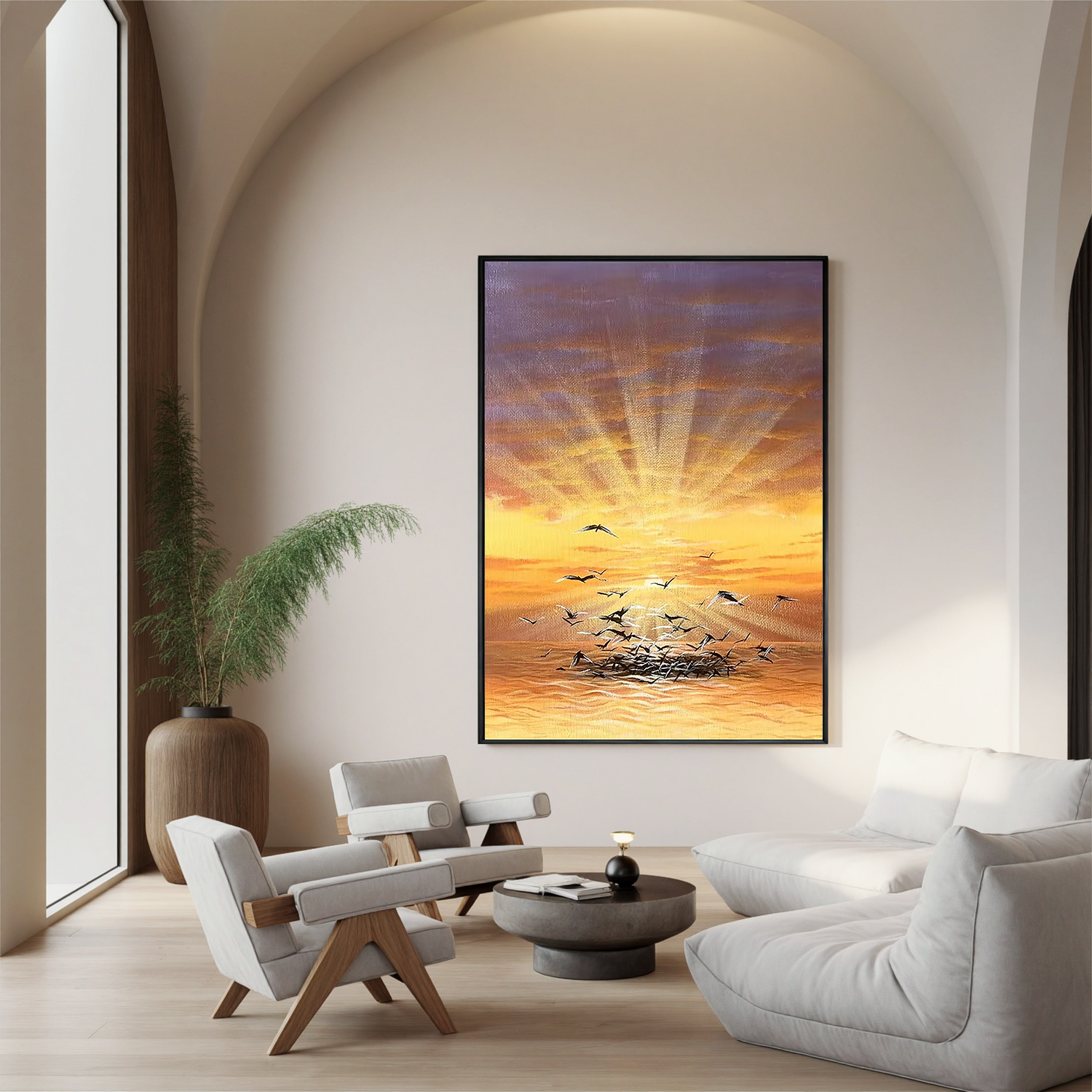 Golden Ocean Sunrise Wall Art with Flying Seagulls, Serene Coastal Landscape Canvas Painting for Living Room Decor #OA 0789