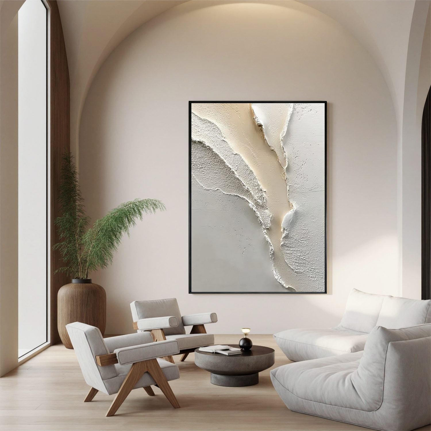 Neutral Textured Abstract Wall Art, White Beige 3D Canvas Painting for Modern Living Room Décor #OA 0009