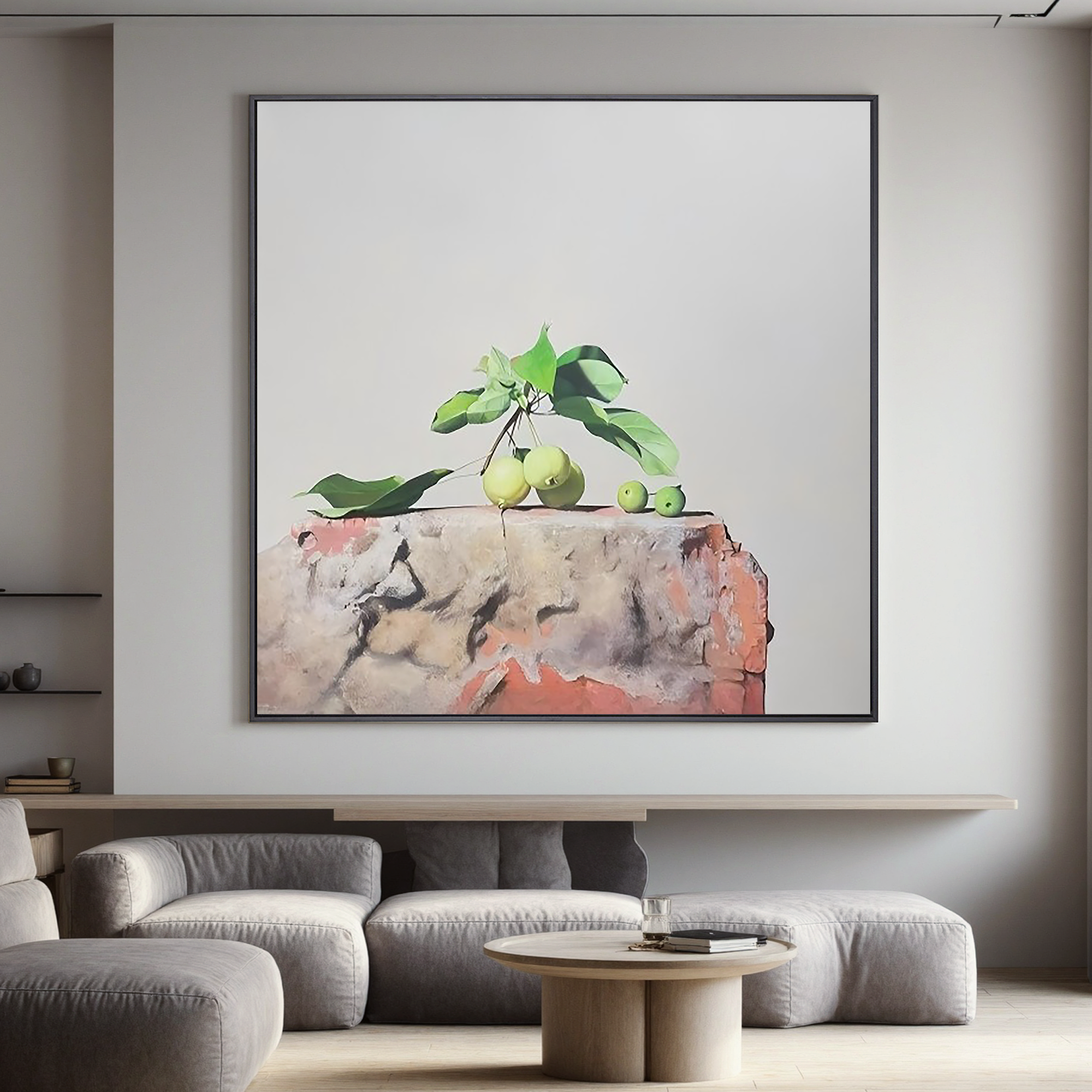 Green Apples on the Stone-Minimalist Green Apple Still Life Wall Art