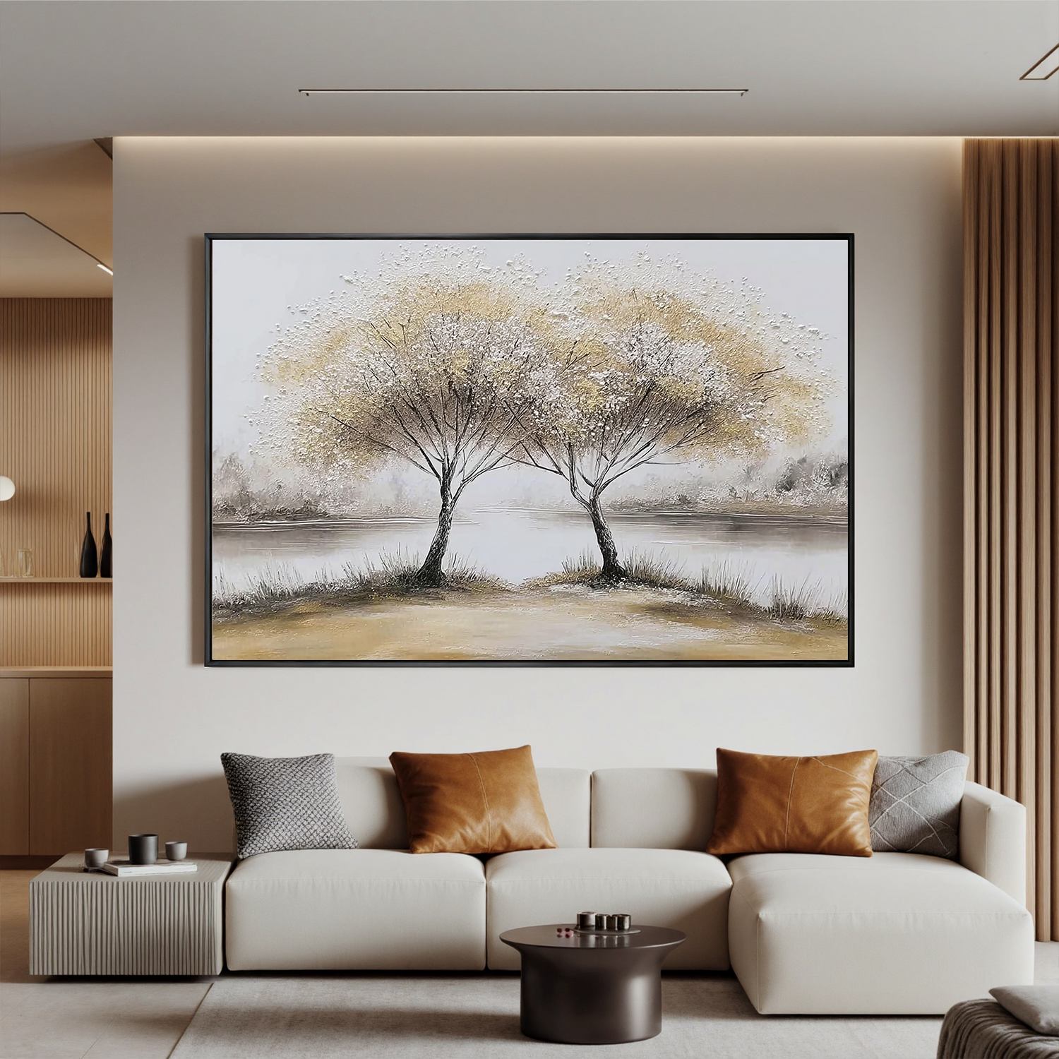 Lakeside Tree Wall Art, Neutral Twin Trees Landscape Canvas Painting for Living Room Décor #OA 0421