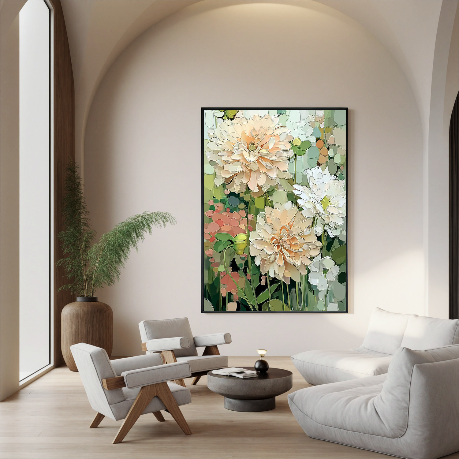 Soft Floral Oil Painting, Neutral Garden Flower Wall Art for Living Room Decor#OA 0523