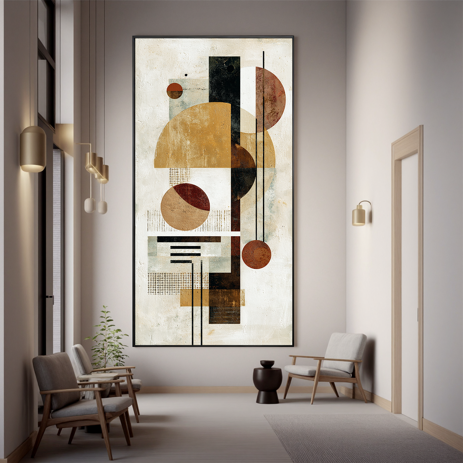 Mid Century Modern Geometric Abstract Canvas Wall Art – Neutral Beige and Rust Vertical Bauhaus Style Painting for Living Room Decor#OA 0863