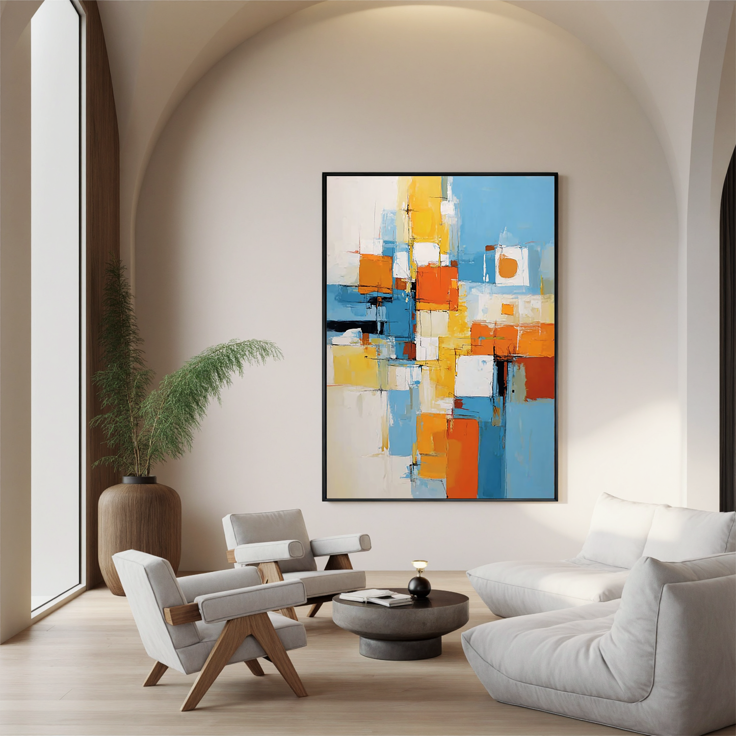 Blue and Orange Abstract Oil Painting, Modern Geometric Wall Art for Living Room Decor#OA 0535