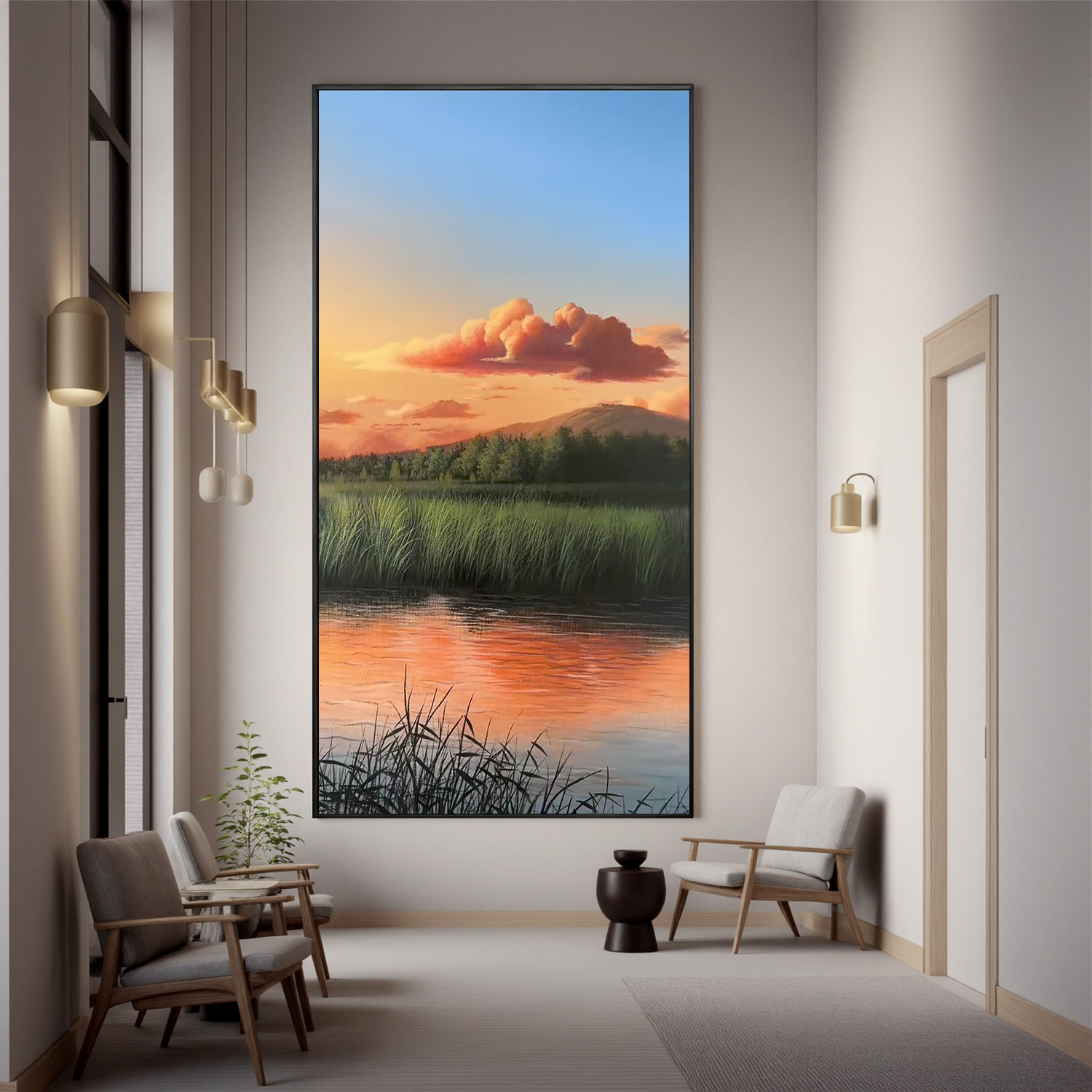 Sunset Marsh Landscape Wall Art, Serene Lake Reflection Canvas Painting, Nature Scenic Wall Decor for Living Room #OA 0782