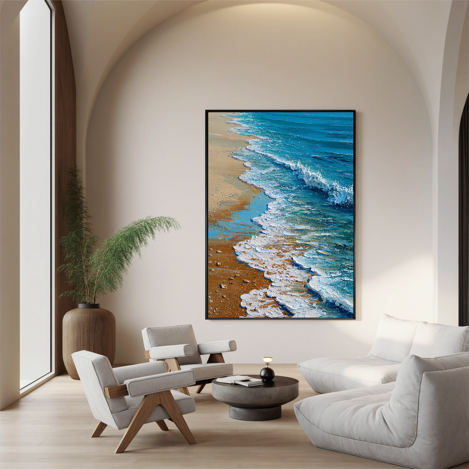 Coastal Beach Wave Wall Art – Blue Ocean Textured Canvas Painting for Modern Living Room Decor#OA 0831