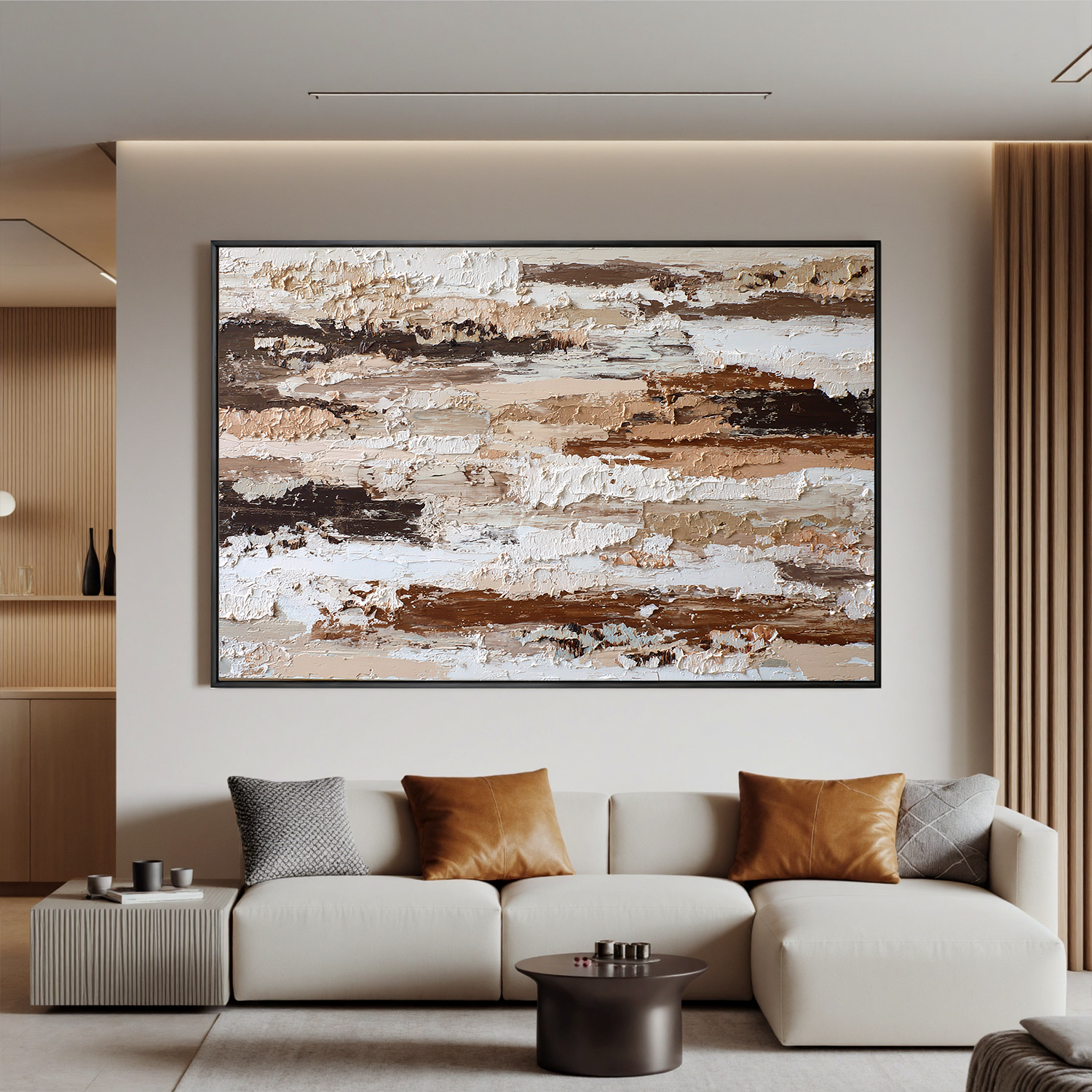 Large Horizontal Neutral Textured Wall Art – Brown and Beige Abstract Canvas for Modern Living Room Decor#OA 827