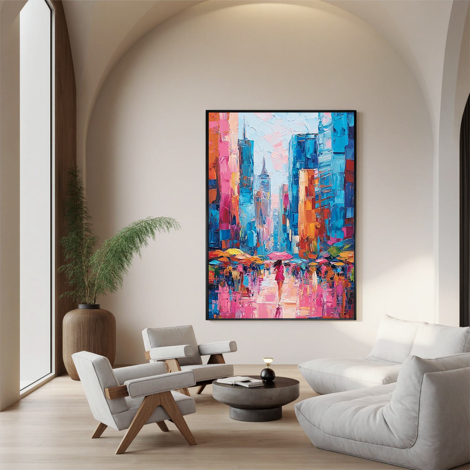 Colorful Abstract Cityscape Oil Painting, Pink and Blue Urban Wall Art for Living Room Decor#OA 0524