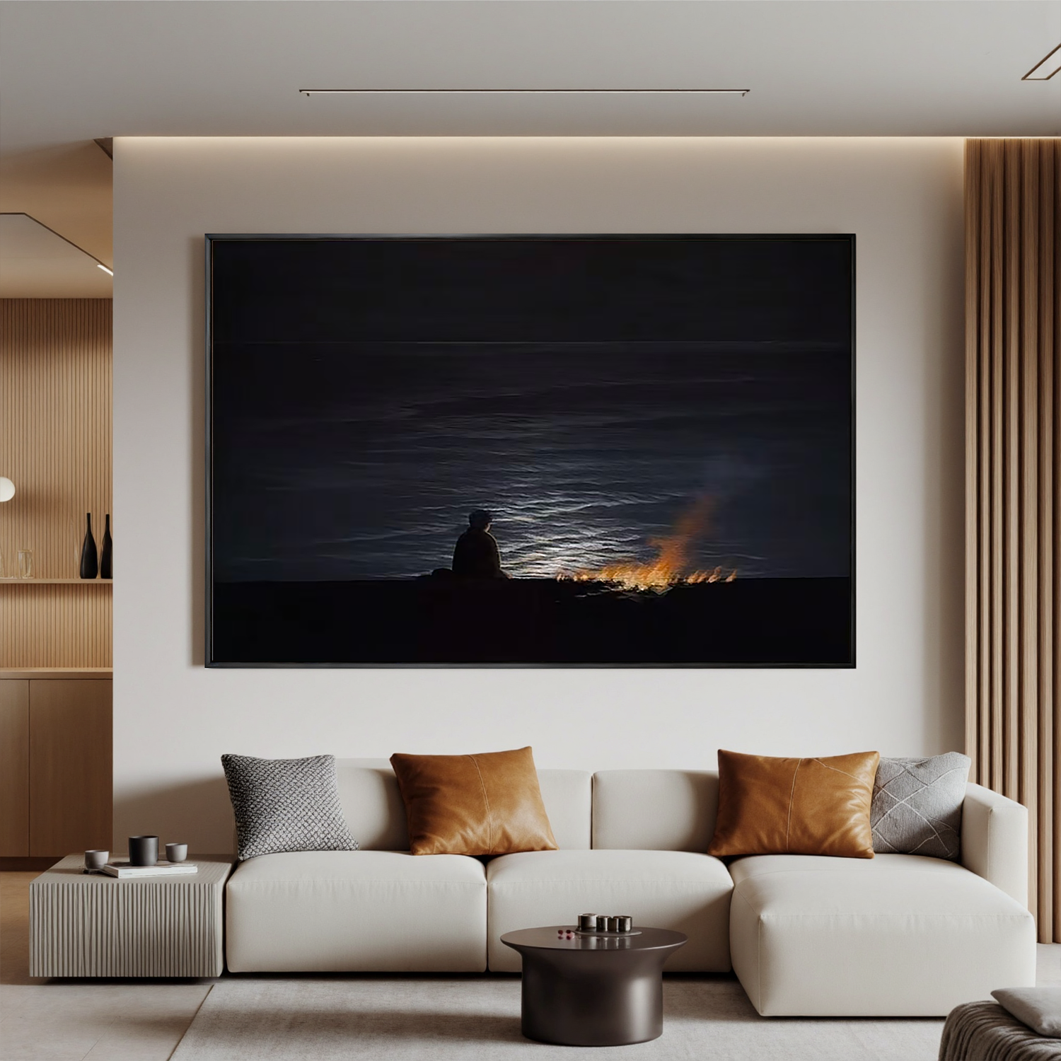 Moonlit Seascape Wall Art, Solitary Figure by Bonfire at Night Ocean Canvas Painting for Living Room Decor #OA 0730