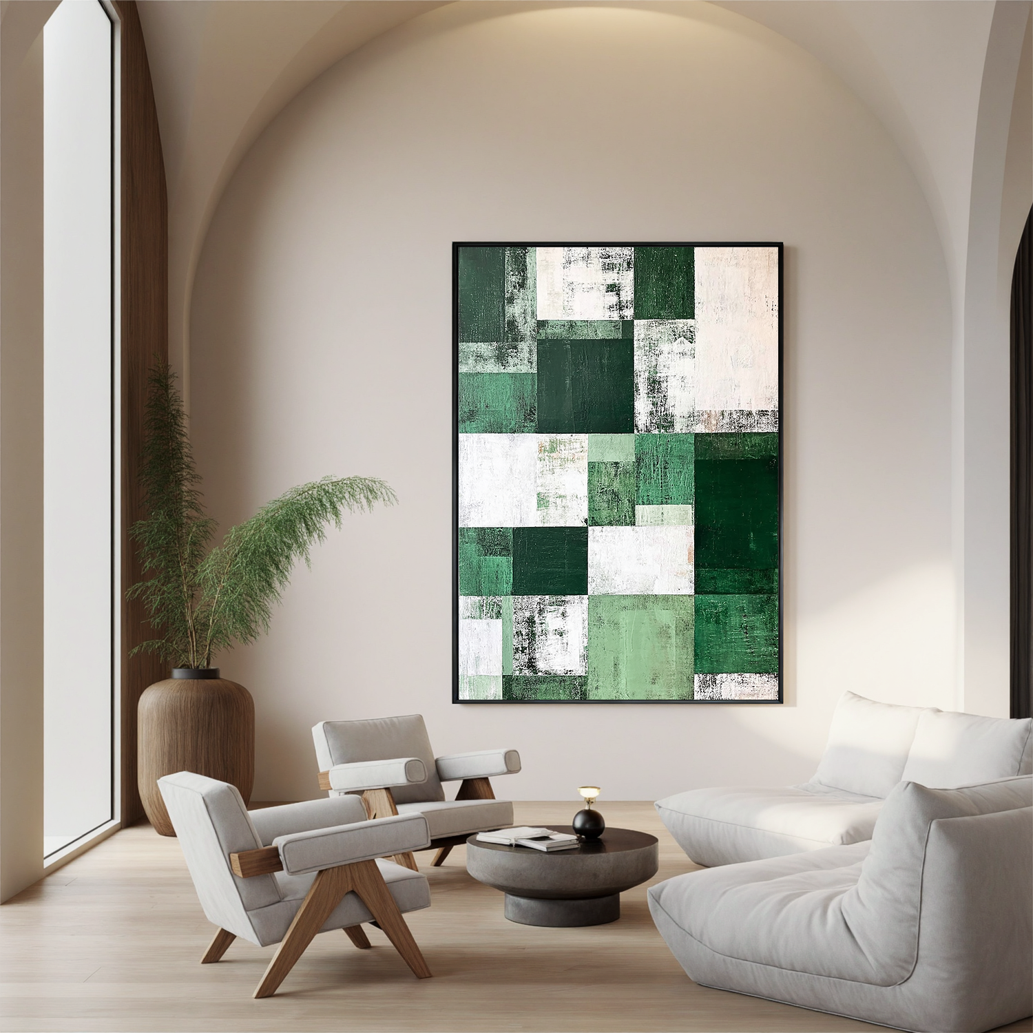 Green and White Abstract Oil Painting, Minimalist Geometric Wall Art for Living Room Decor#OA 0567