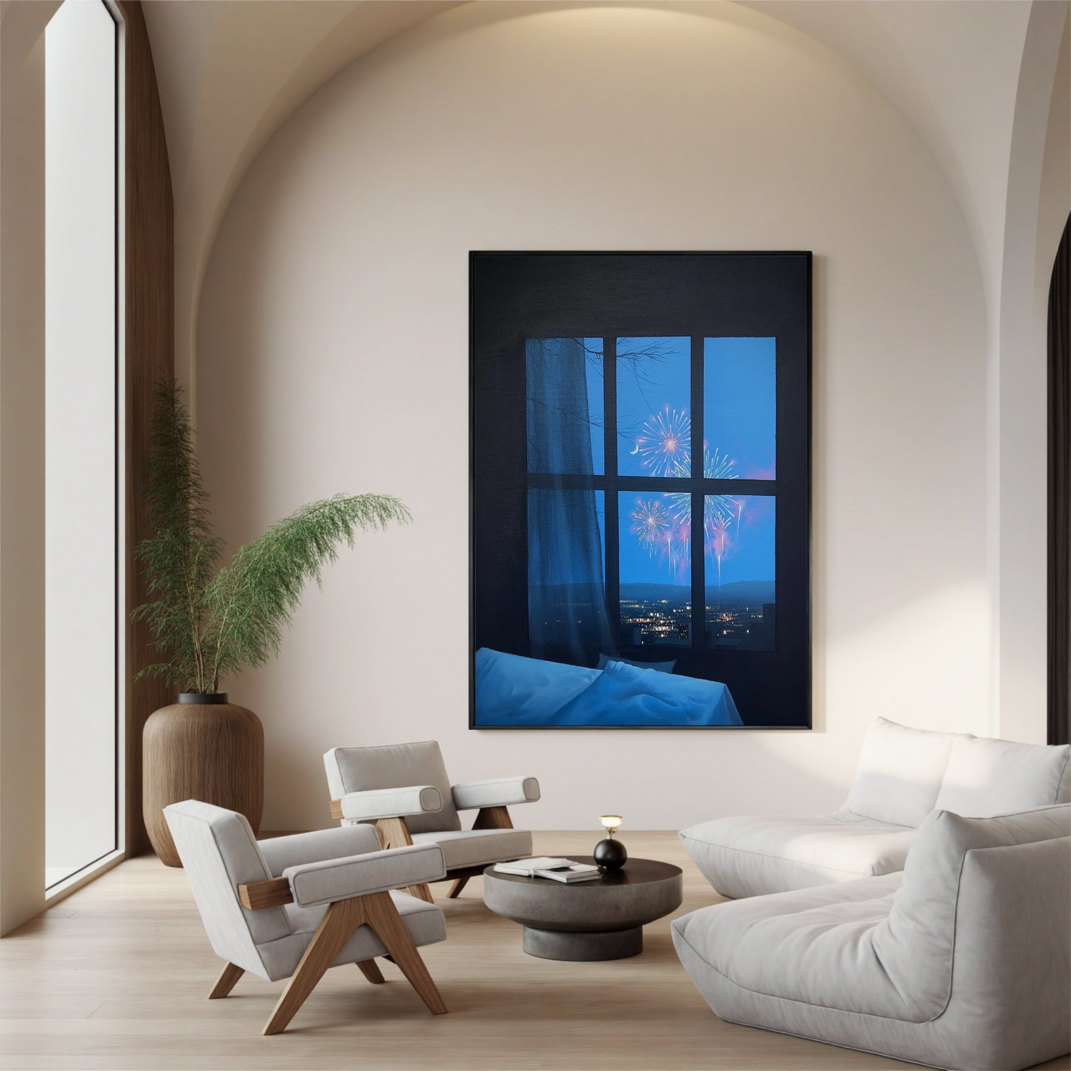 Fireworks City View Wall Art, Romantic Night Window Scene Canvas Painting for Bedroom or Living Room Decor #OA 0745