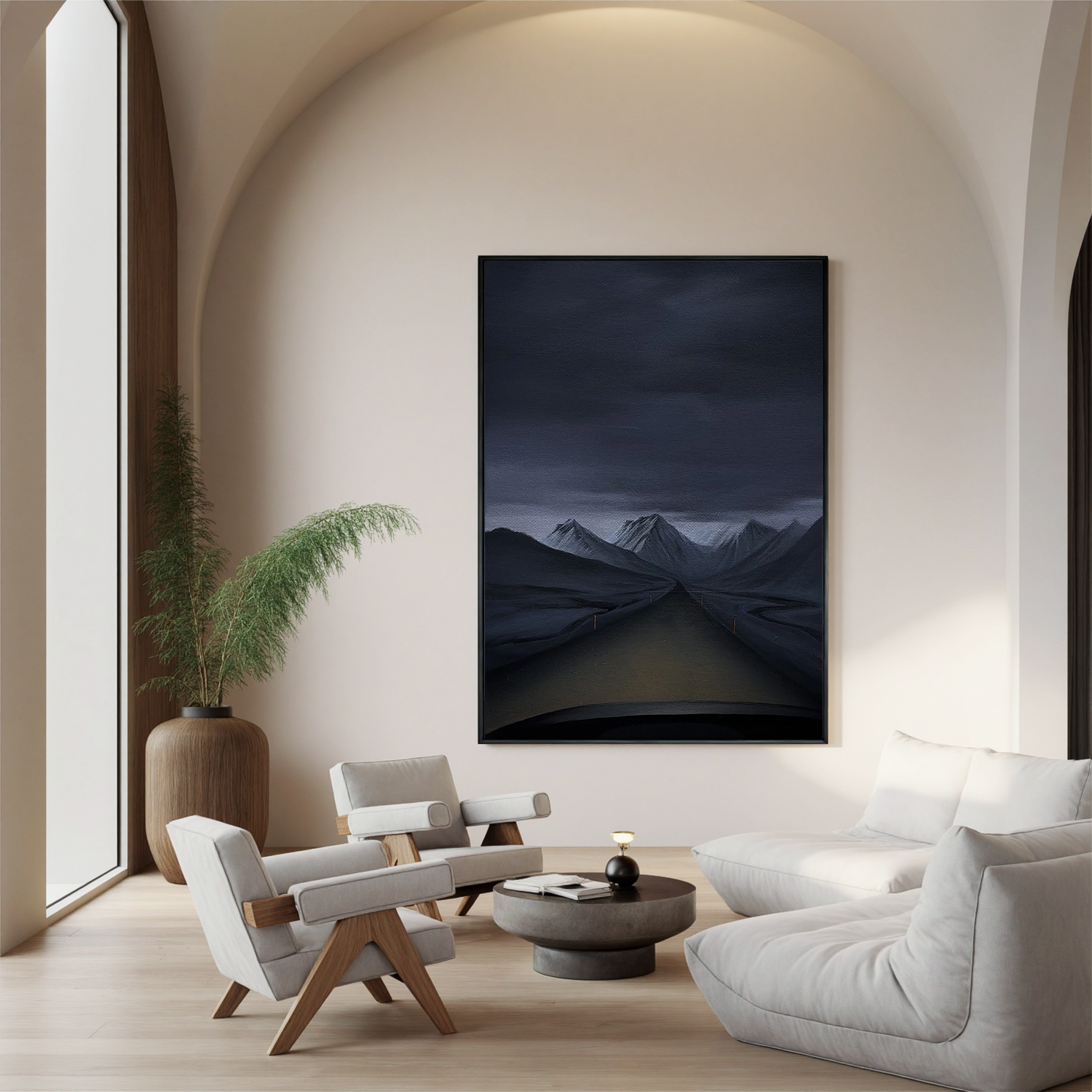 Moody Mountain Road Wall Art, Dark Snowy Peaks Landscape Canvas Painting for Modern Living Room Decor #OA 0744