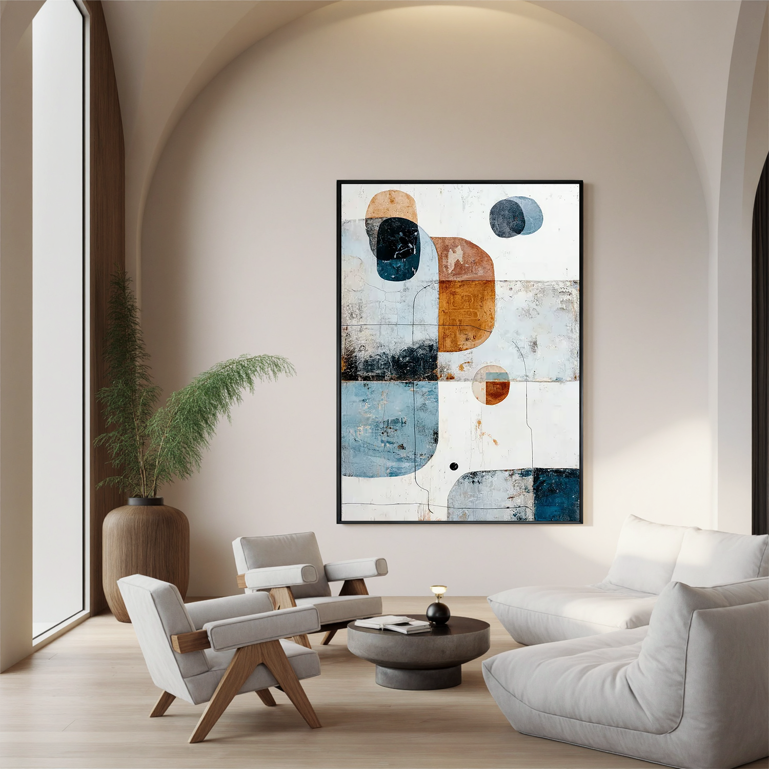 Modern Geometric Abstract Oil Painting, Blue and Rust Wall Art for Living Room Decor#OA 0583