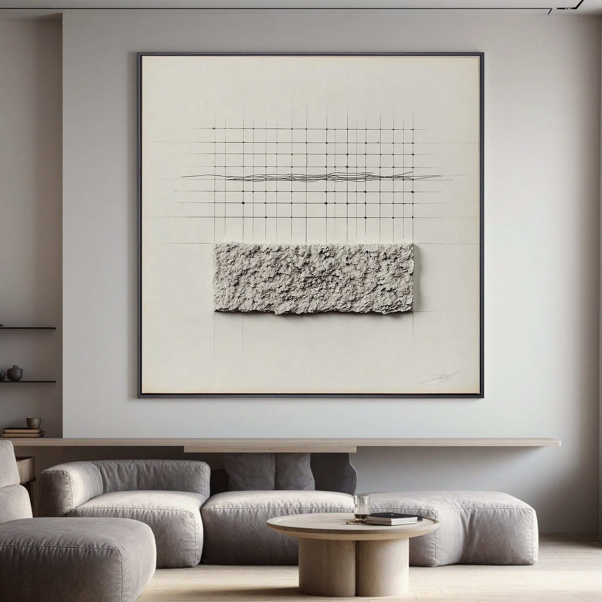 Minimal Geometric Textured Wall Art, Neutral Grid Line Canvas Painting for Modern Living Room Décor #OA 0403