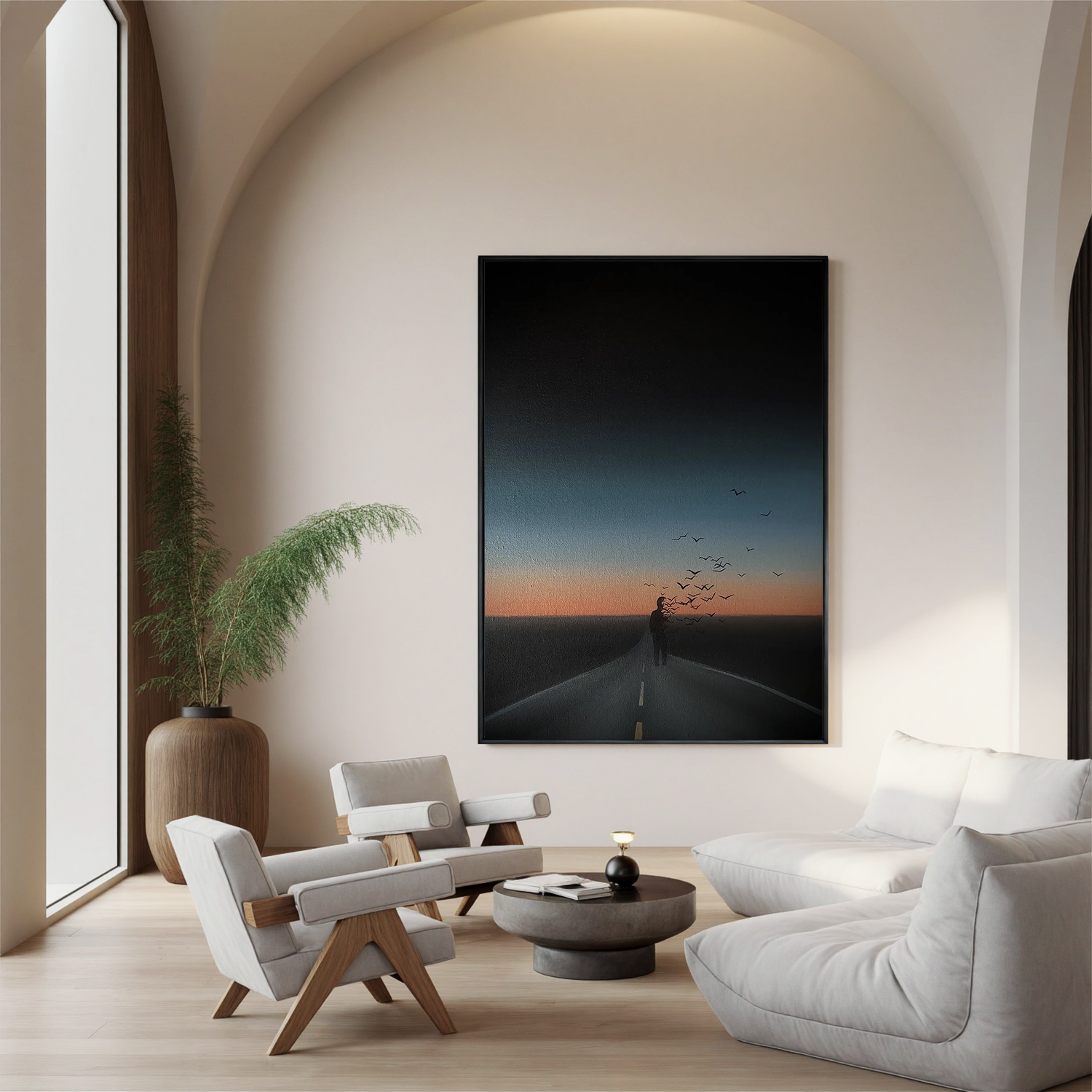 Surreal Lonely Road Wall Art with Flying Birds, Sunset Silhouette Landscape Canvas for Modern Living Room Decor #OA 0749