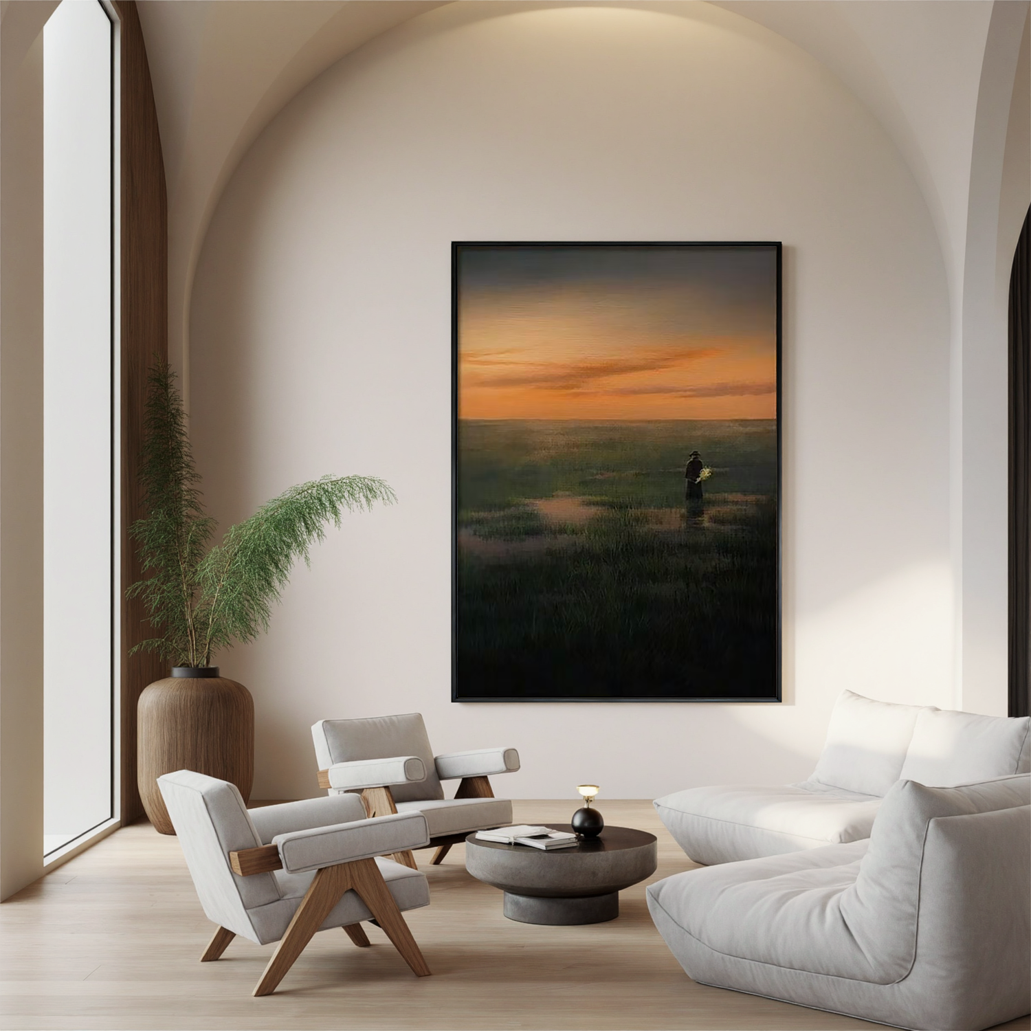 Solitary Figure at Sunset Wall Art, Serene Wetland Landscape Canvas Painting for Living Room Decor #OA 0729