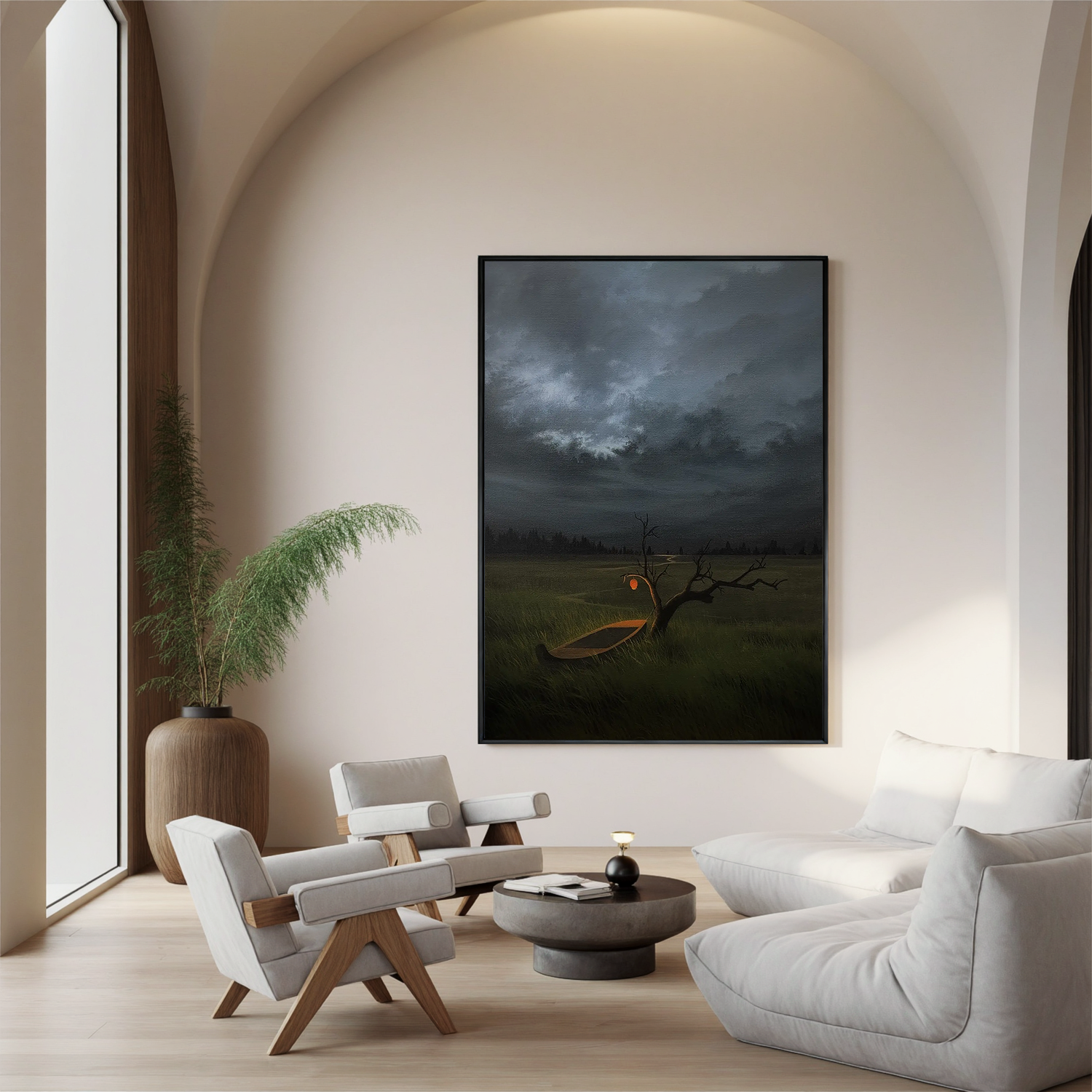 Moody Stormy Landscape Wall Art with Glowing Lantern and Boat, Surreal Lone Tree Meadow Canvas for Living Room Decor #OA 0738