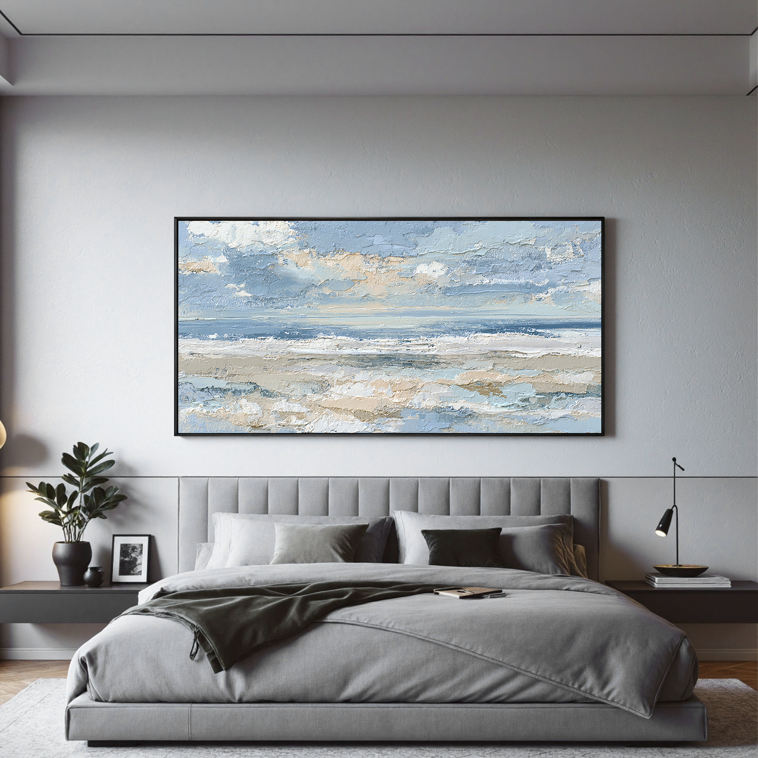 Large Coastal Seascape Canvas Wall Art – Blue Ocean Waves & Sky Painting for Modern Living Room Decor#OA 0843