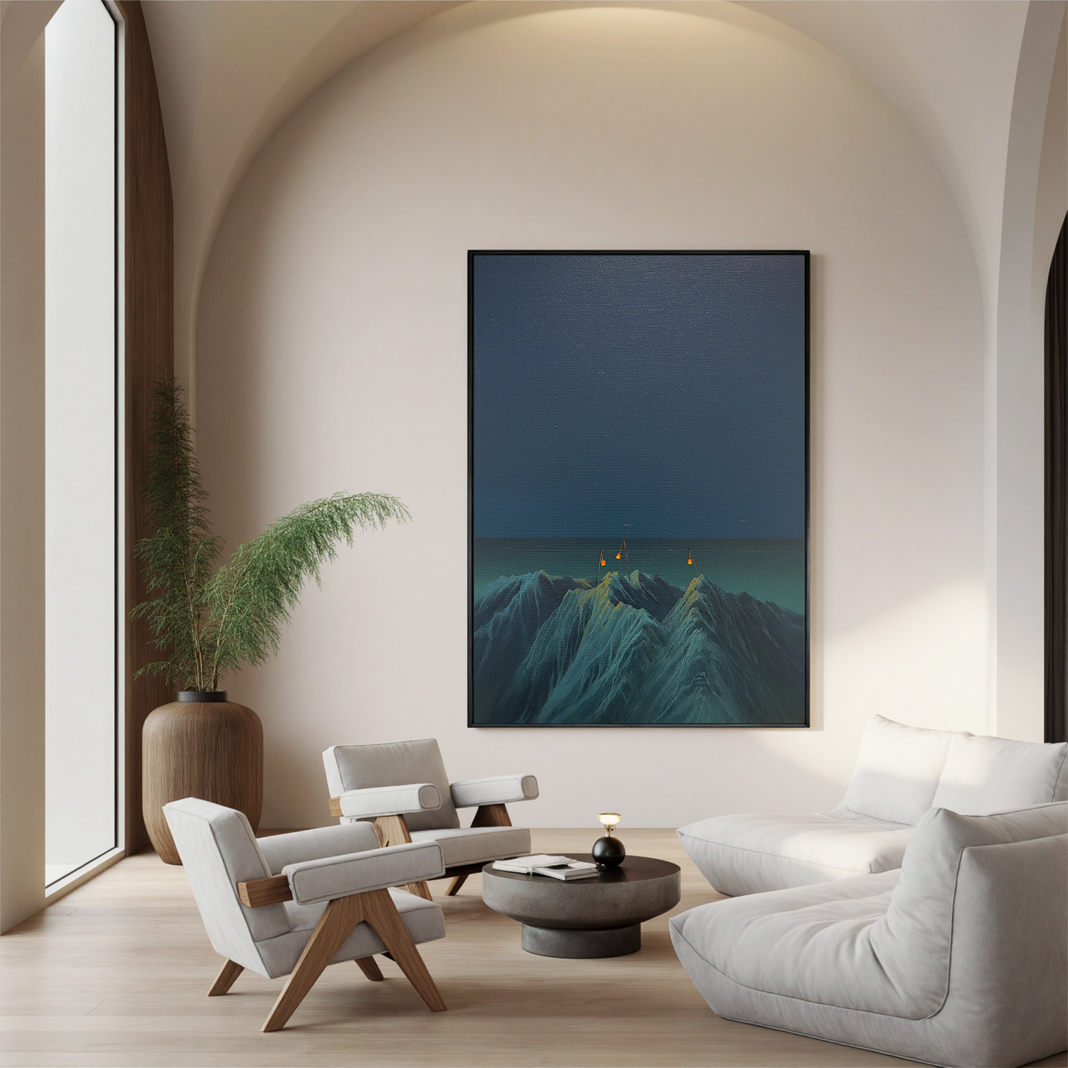 Surreal Mountain Night Wall Art with Hanging Lanterns, Minimalist Blue Landscape Canvas for Living Room Decor #OA 0746
