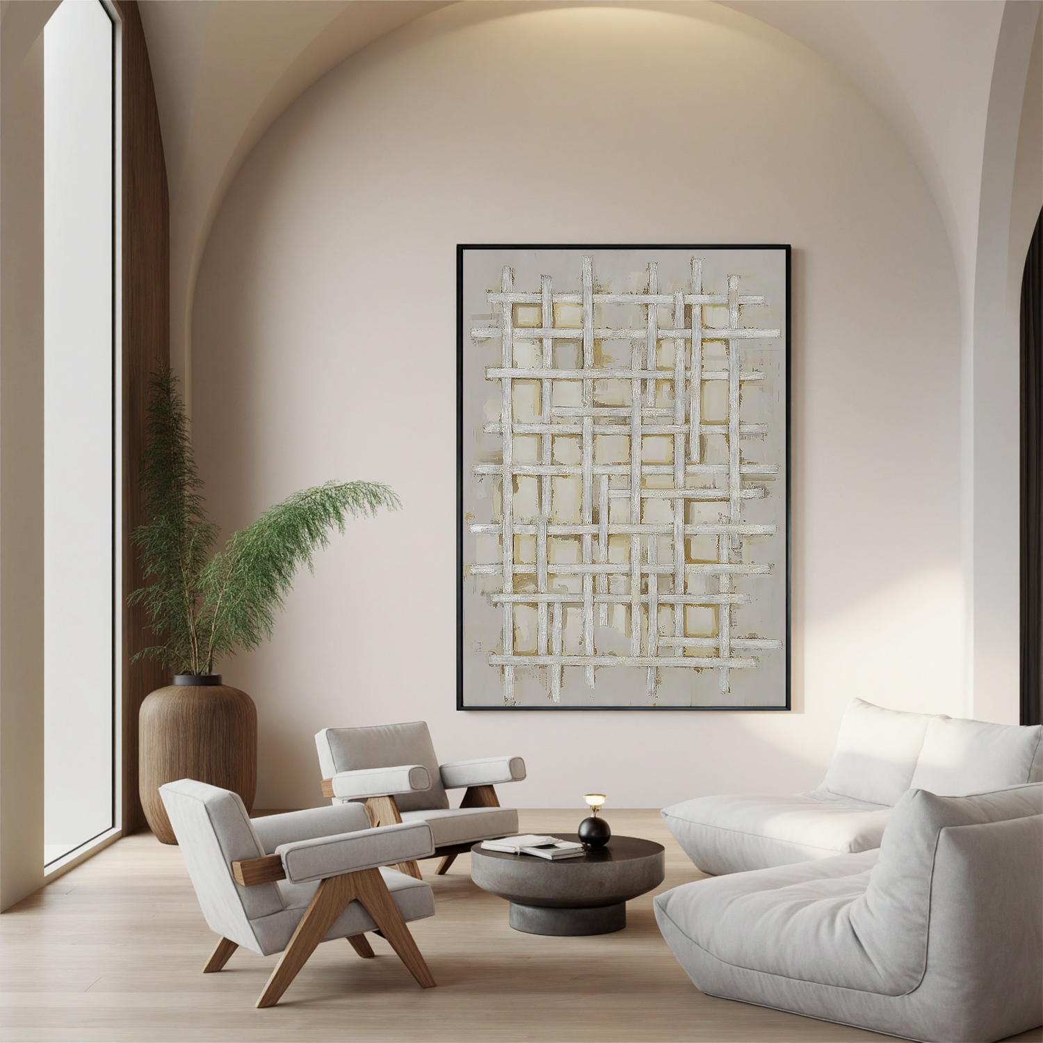 White Textured Abstract Oil Painting, Minimalist Woven Wall Art for Living Room Decor#OA 0559