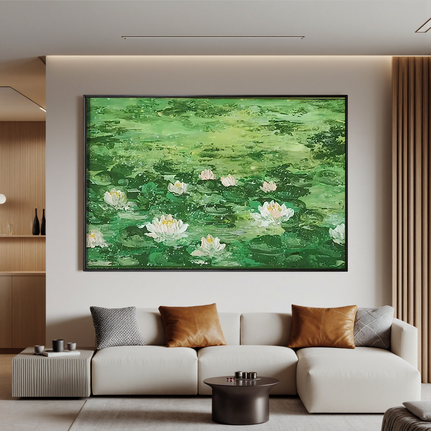 Green Lotus Pond Oil Painting, White Water Lily Wall Art for Living Room Decor#OA 0605