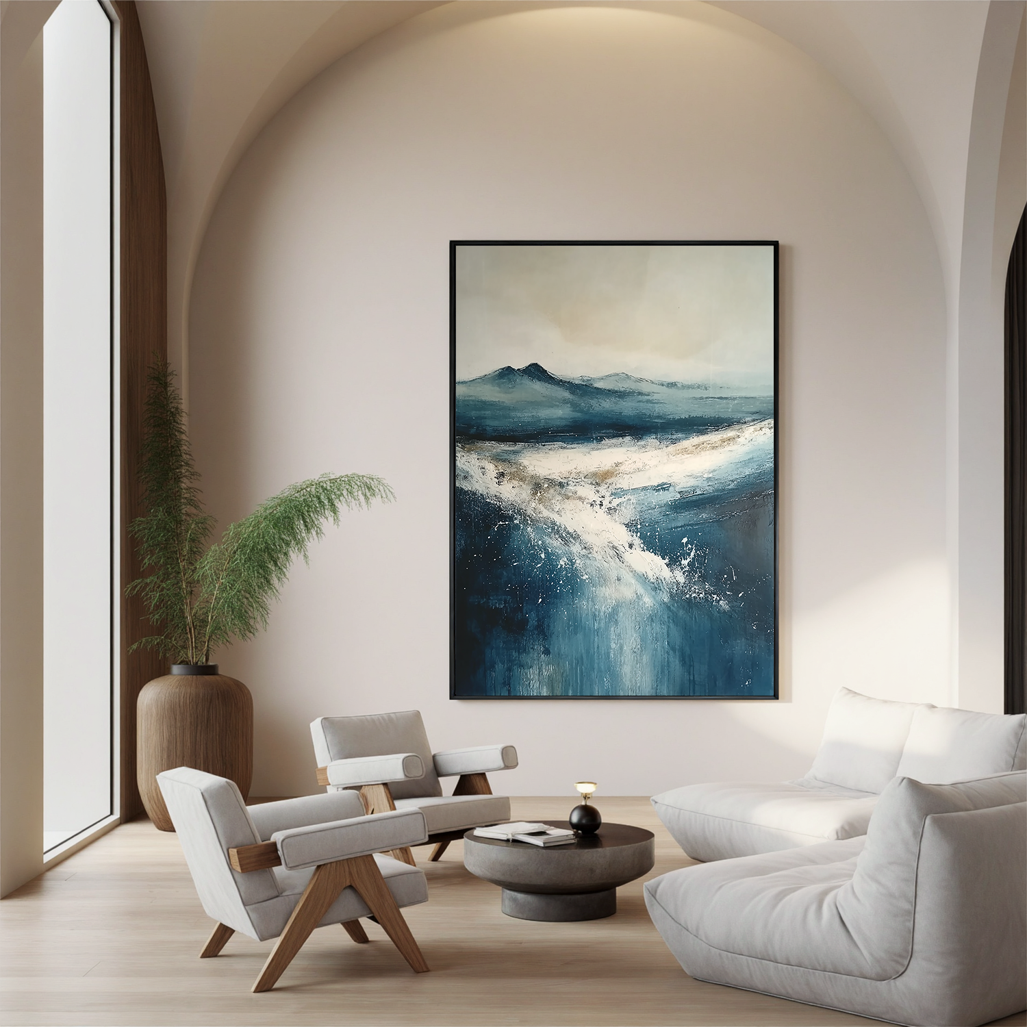 Blue Snowy Landscape Oil Painting, Abstract Coastal Mountain Wall Art for Living Room Decor #OA 0562