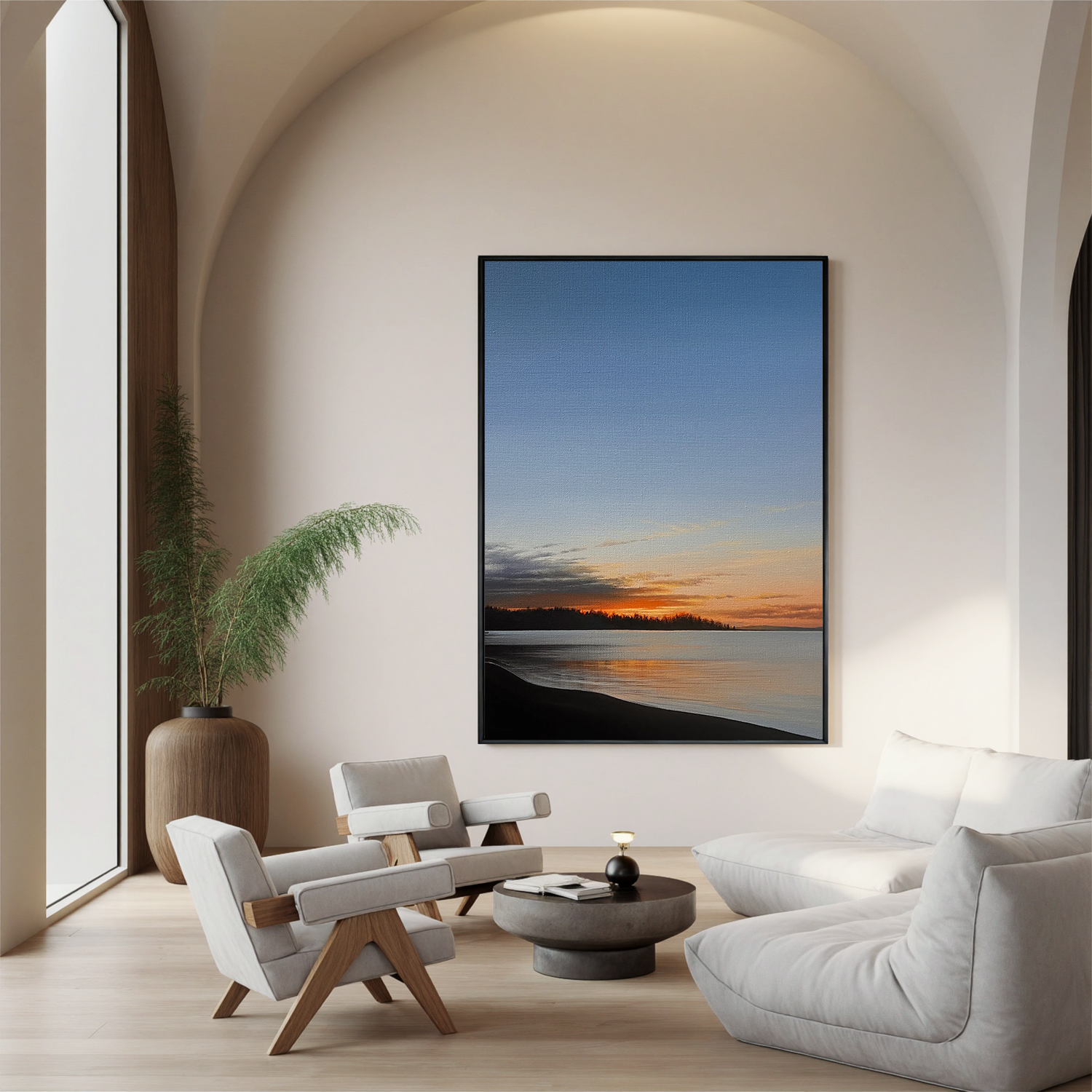 Serene Sunset Lake Wall Art, Peaceful Coastal Landscape Canvas with Golden Sky for Living Room Decor #OA 0753