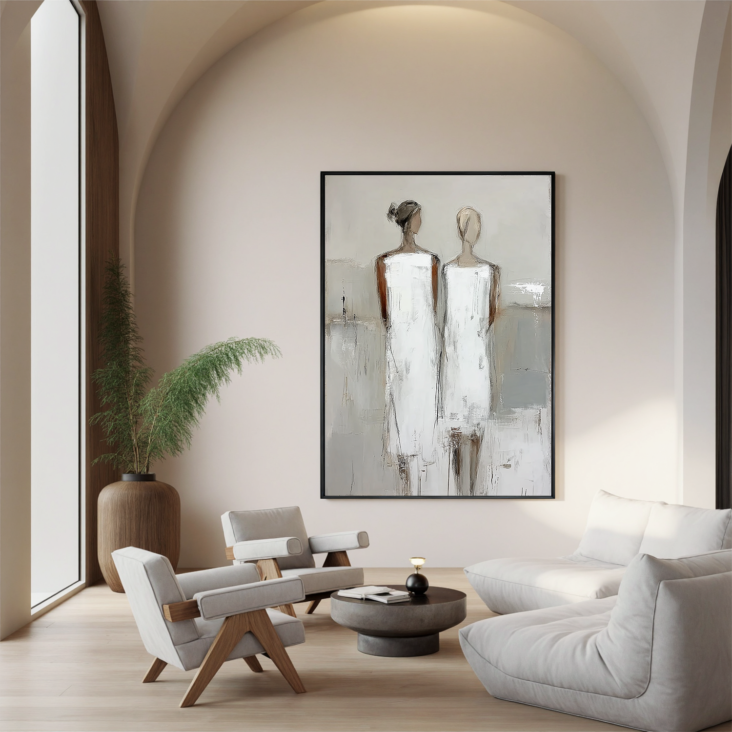 Neutral Abstract Figure Oil Painting, Minimalist Two Women Wall Art for Living Room Decor #OA 0522