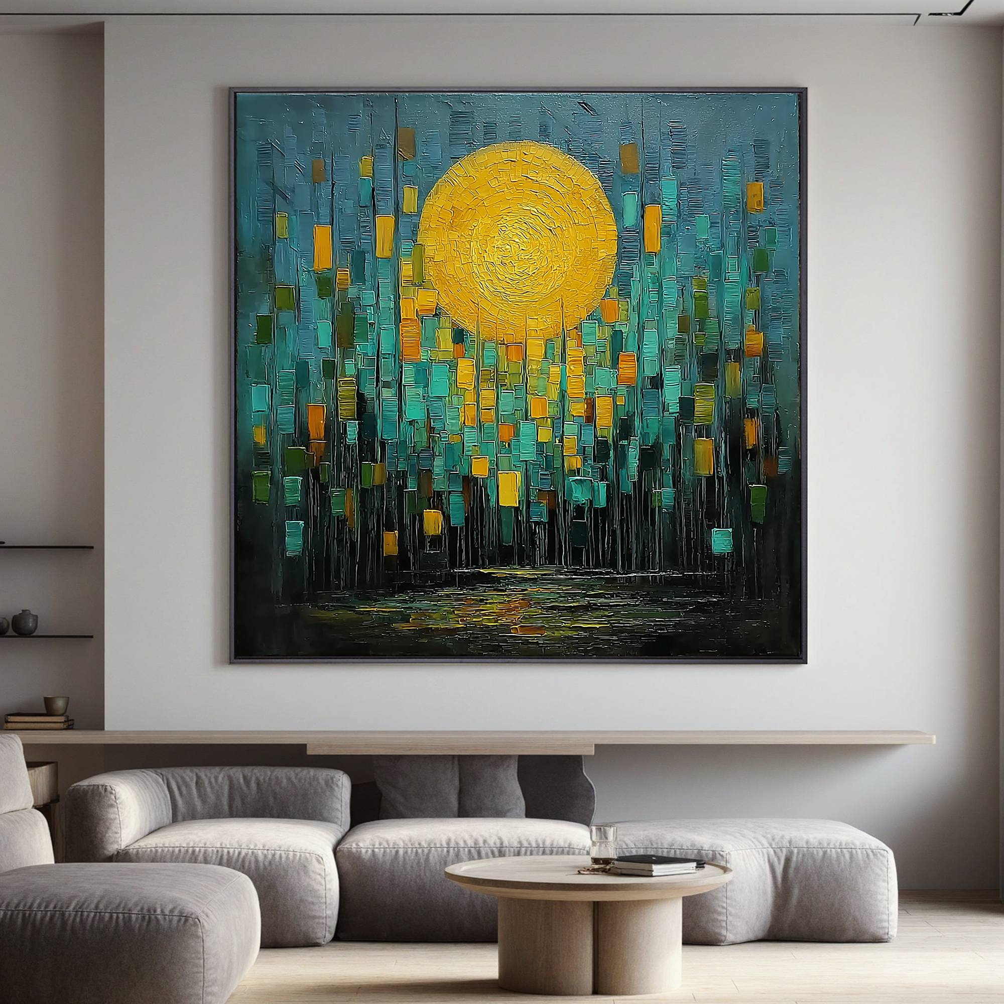 Abstract Golden Moon Oil Painting | Modern Teal & Gold Textured Wall Art for Living Room Decor #OA 0432
