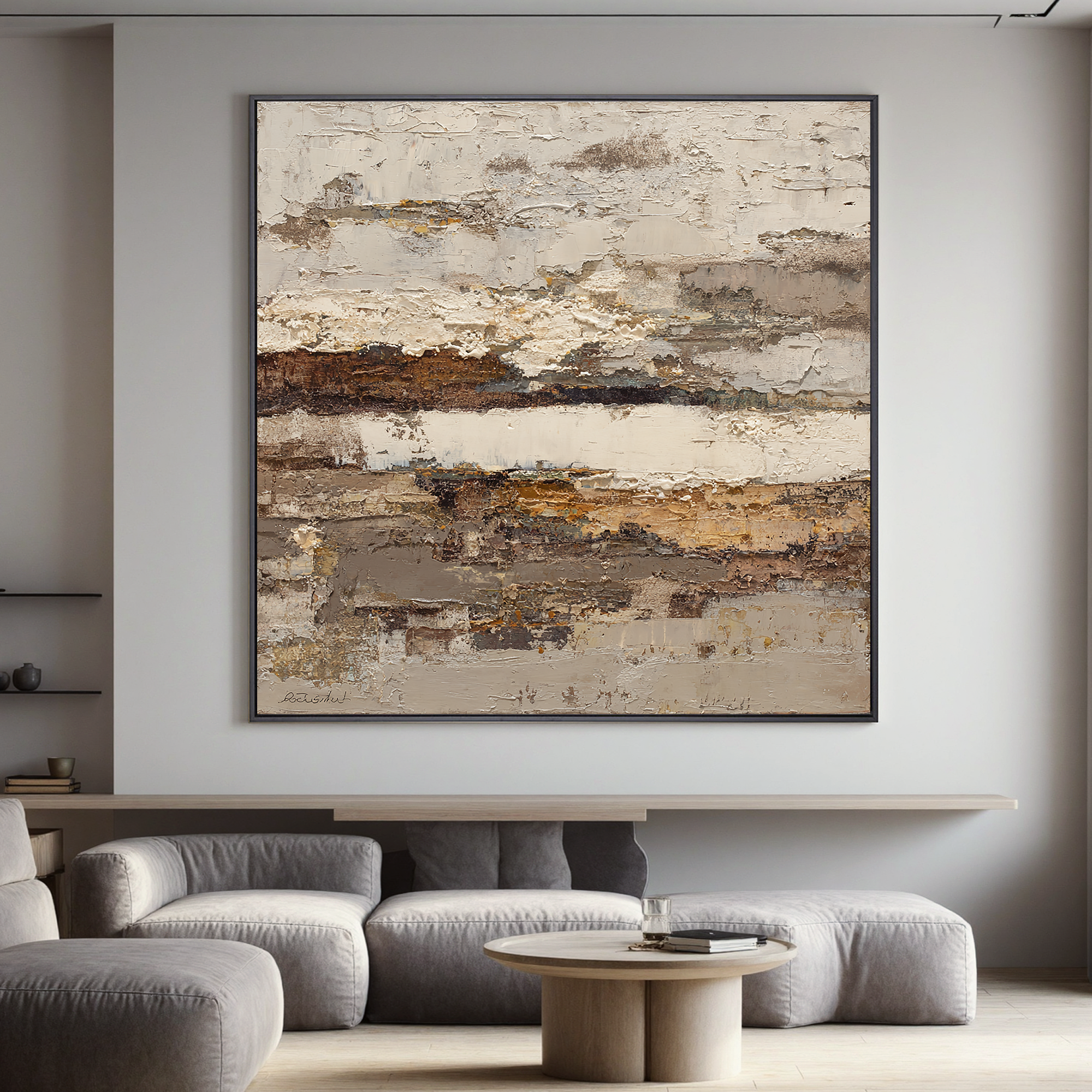Large Horizontal Neutral Abstract Wall Art – Beige Brown Textured Canvas for Modern Living Room Decor#OA 0829