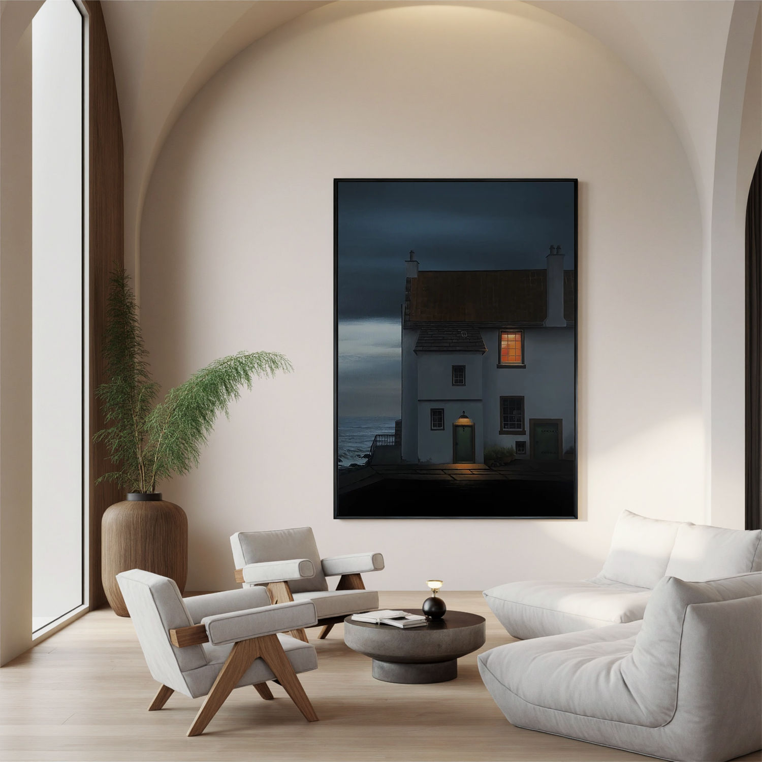 Coastal Cottage at Night Wall Art, Moody Seaside House with Warm Window Light Canvas for Living Room Decor #OA 0752