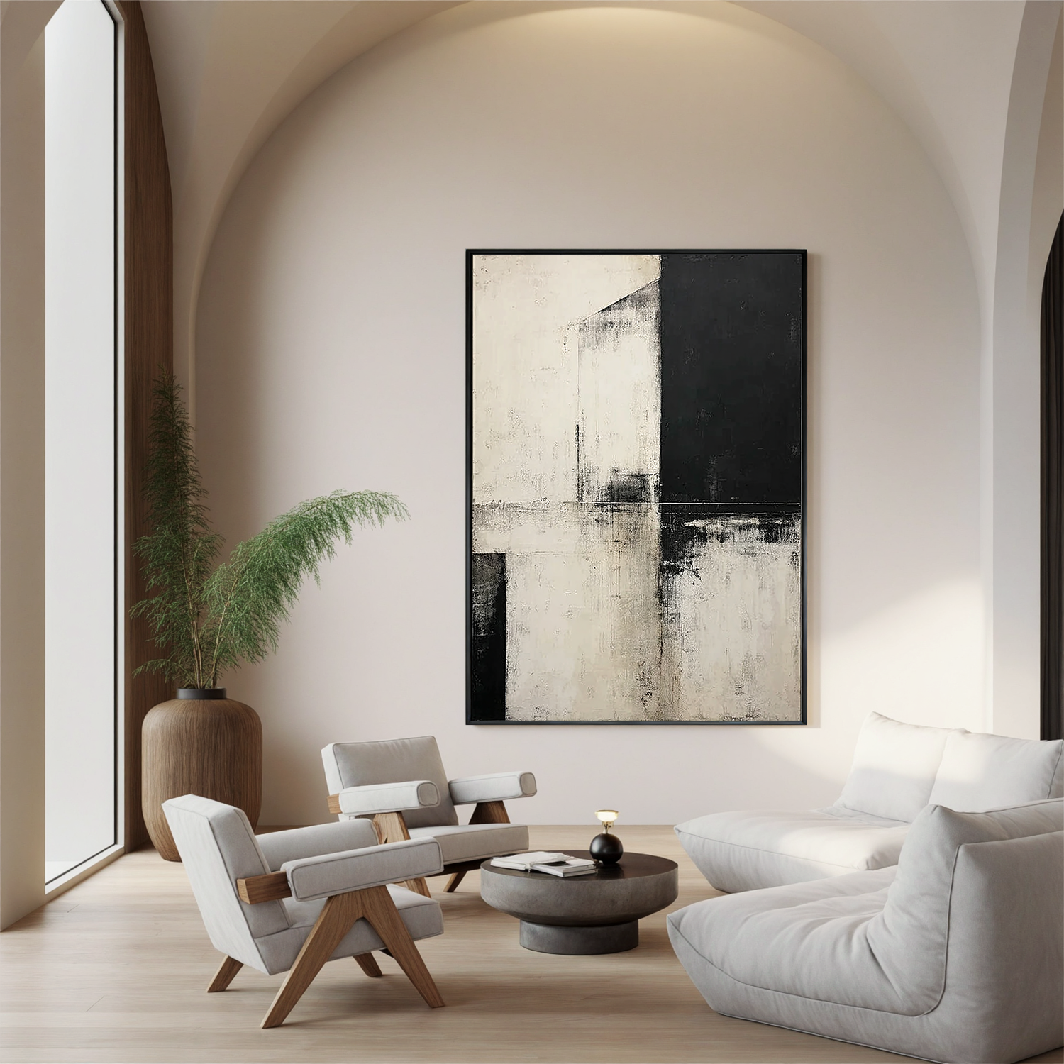 Black and White Abstract Oil Painting Canvas – Minimalist Geometric Wall Art for Modern Living Room Decor#OA 0548