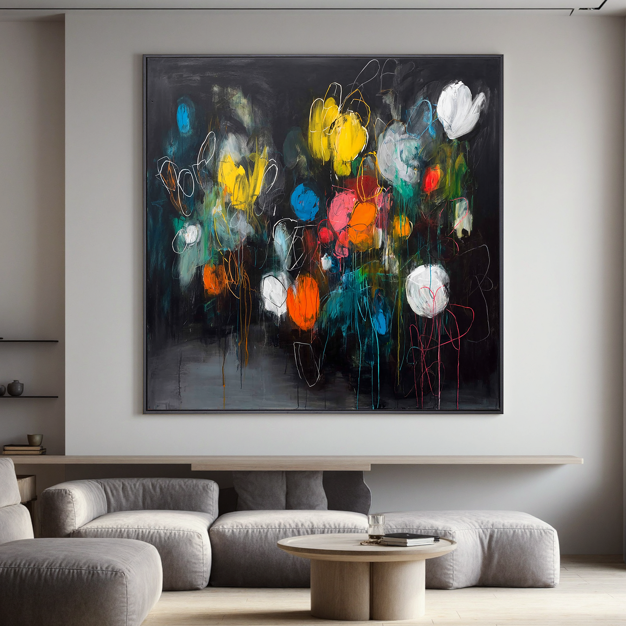 Abstract Dark Floral Oil Painting Canvas – Modern Colorful Wall Art for Living Room Contemporary Home Decor#OA 0466