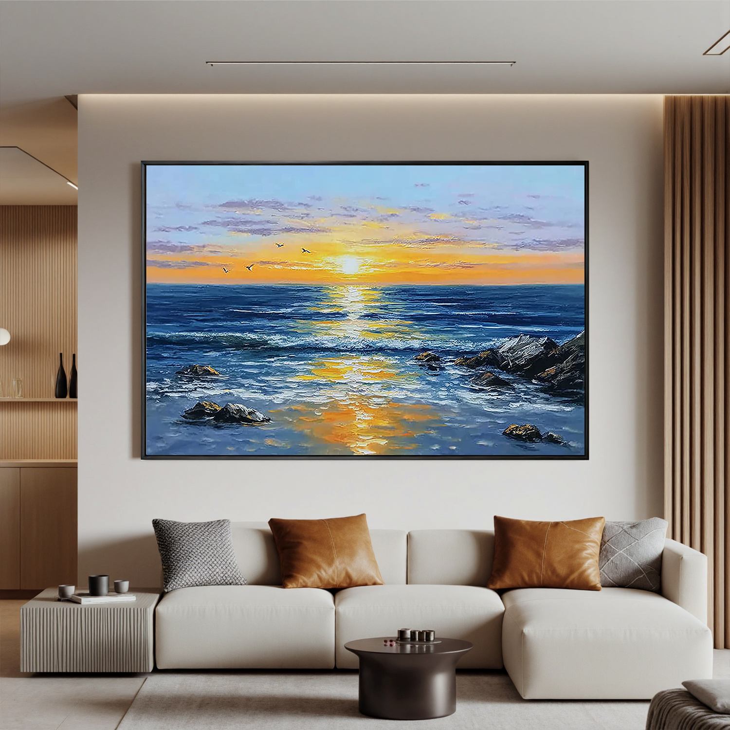 Ocean Sunset Wall Art, Blue Seascape Canvas Painting with Golden Reflection for Living Room Décor #OA 0404