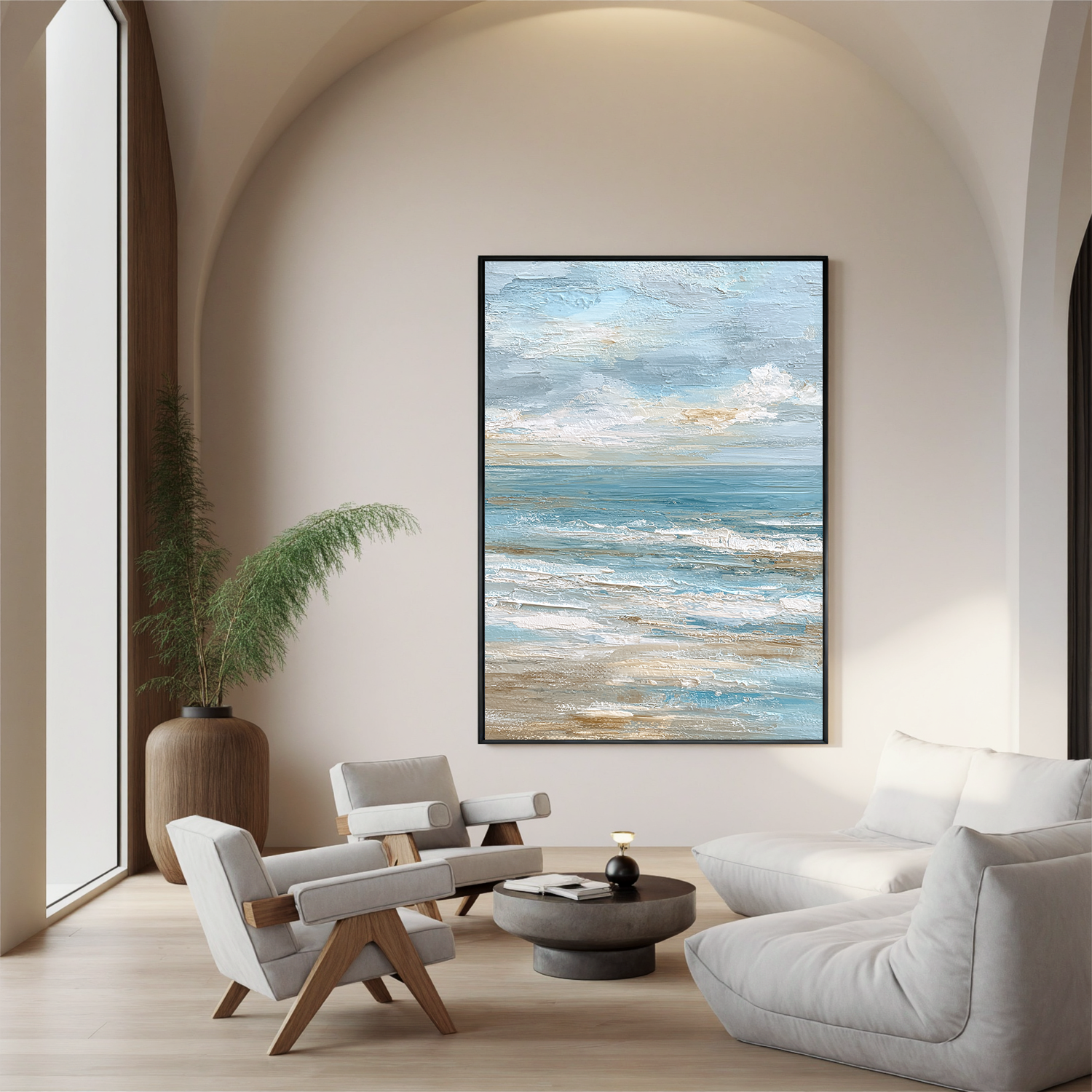 Large Vertical Coastal Seascape Canvas Wall Art – Soft Blue Ocean Waves Painting for Beach House Decor#OA 0841