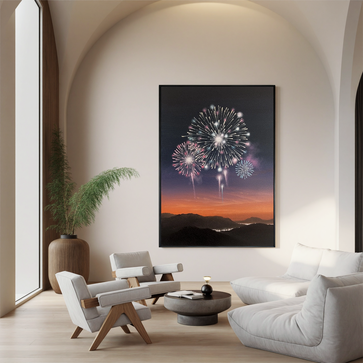 Fireworks Over Mountain Sunset Wall Art, Celebration Night Sky Canvas Painting for Living Room Decor #OA 0758