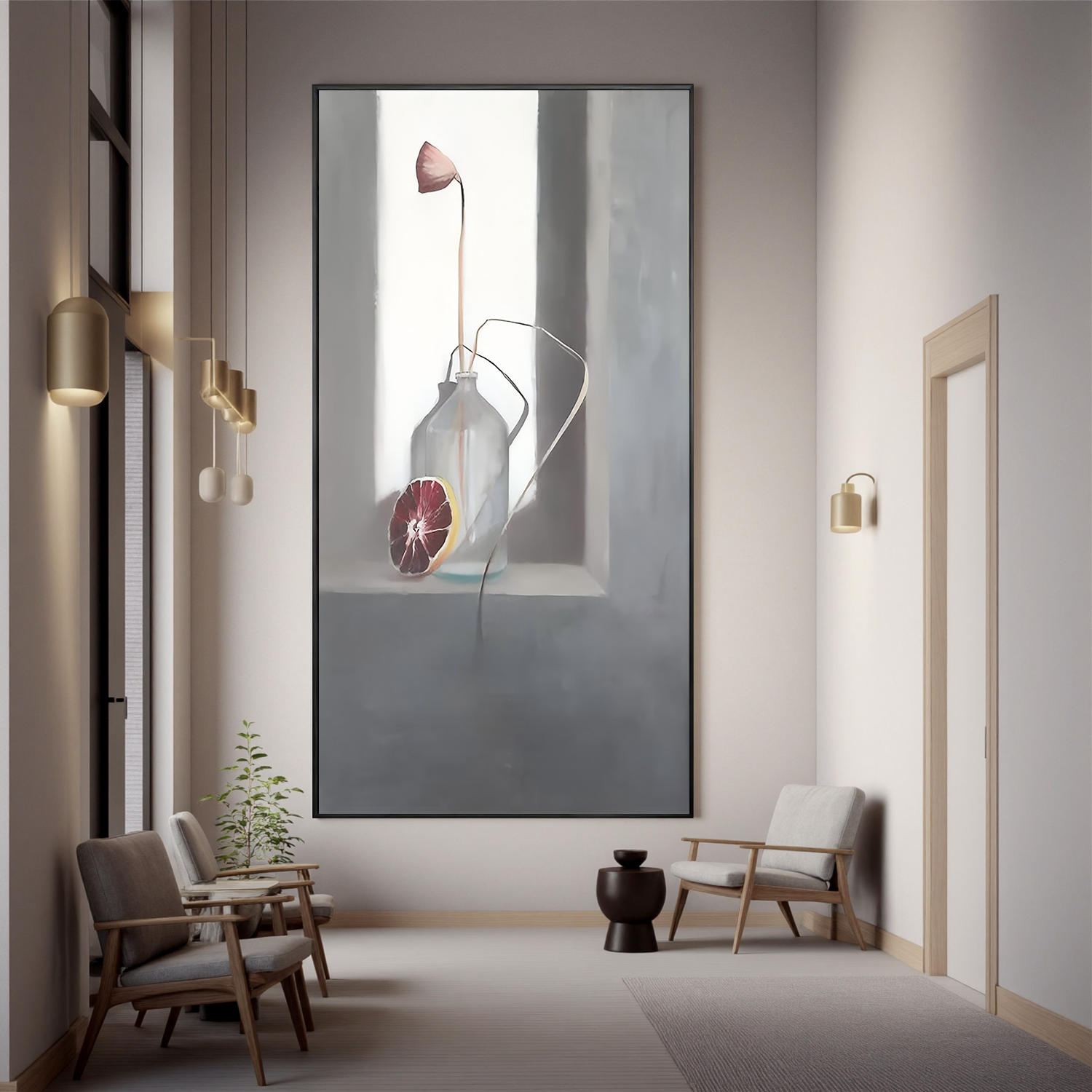Bottle with Grapefruit-Minimalist Bottle Still Life Wall Art
