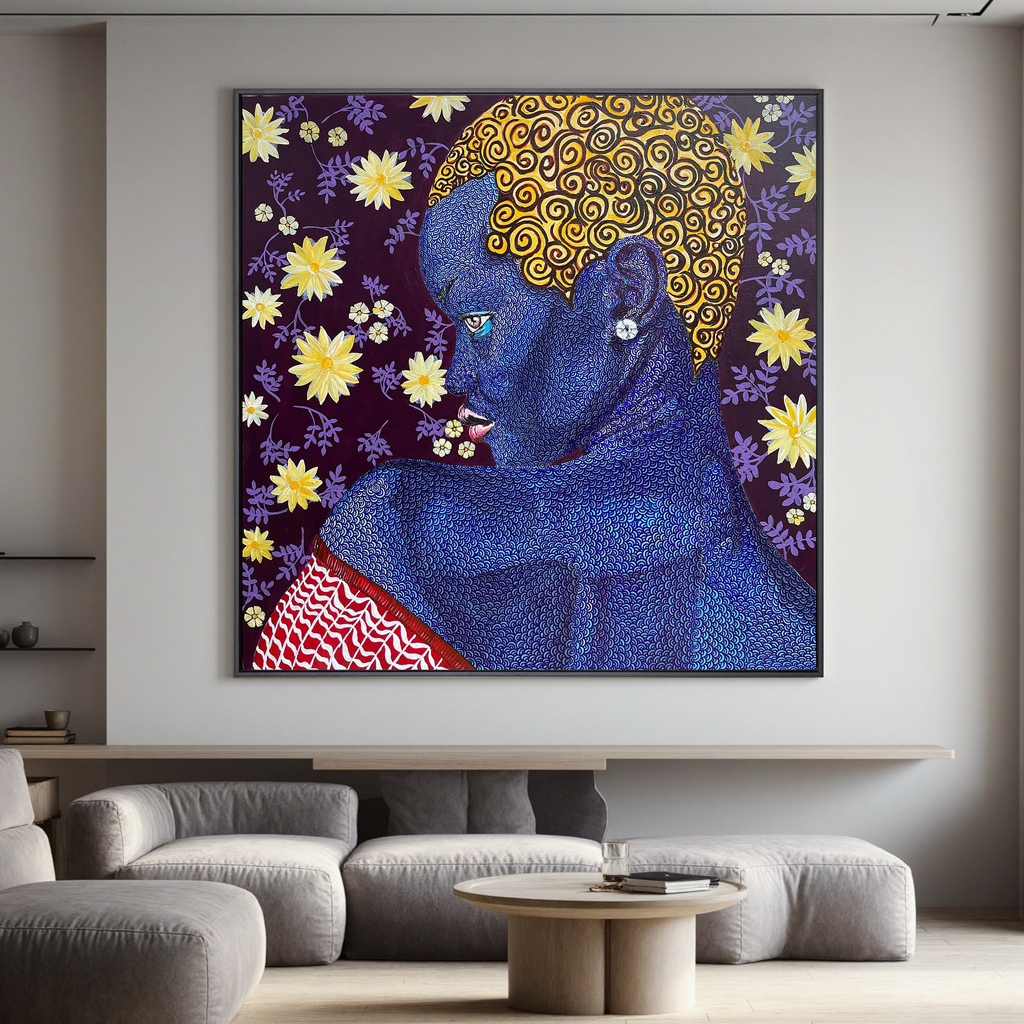 Blue Woman Portrait Oil Painting, African Inspired Figurative Wall Art for Living Room Decor#OA 0610