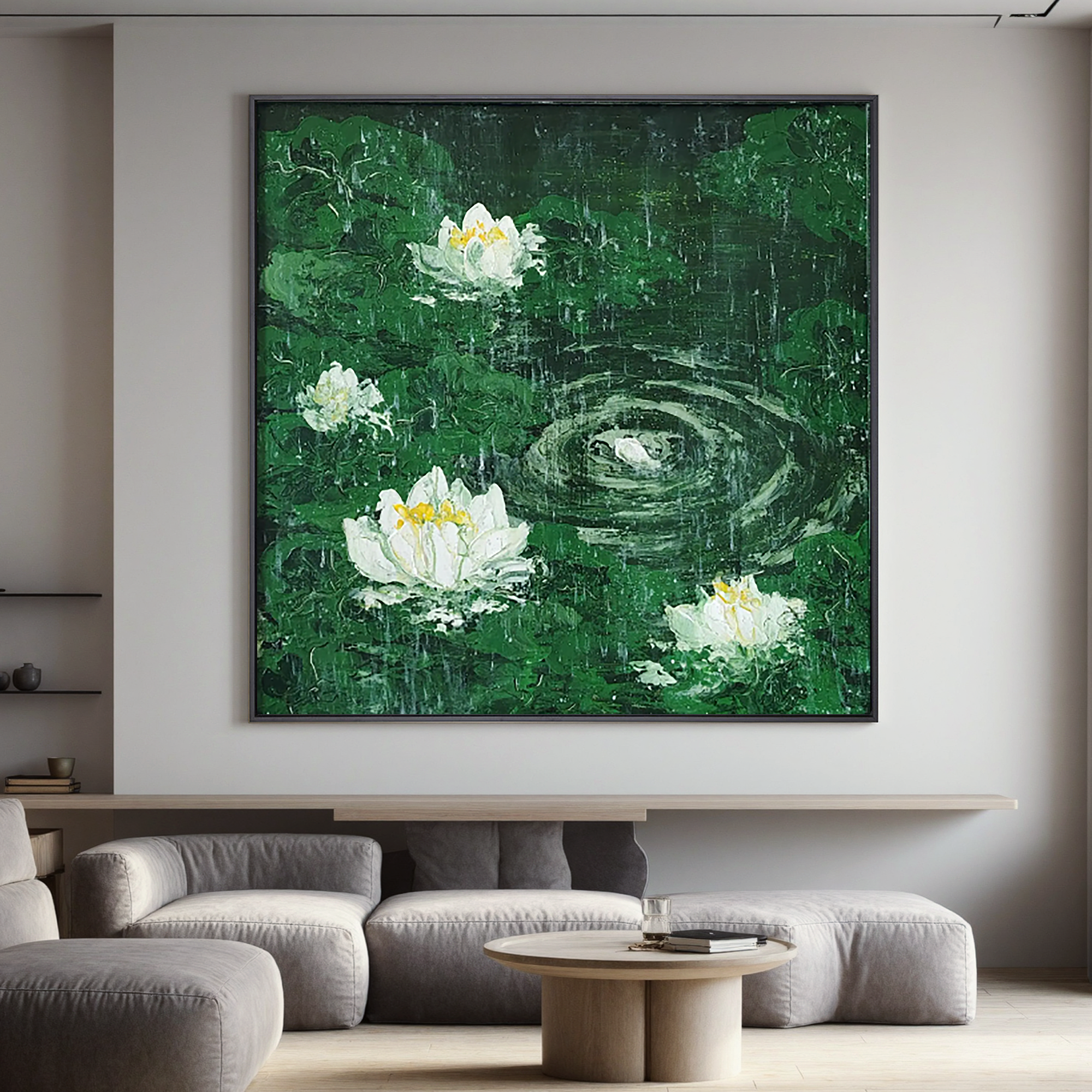 White Lotus Oil Painting, Green Rain Pond Floral Wall Art for Living Room Decor#OA 0606