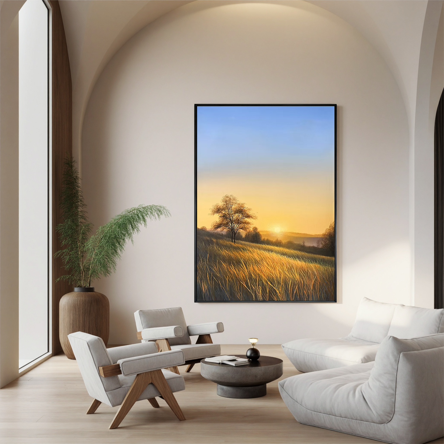 Golden Sunrise Meadow Wall Art, Countryside Landscape Canvas Painting with Lone Tree for Living Room Decor #OA 0779