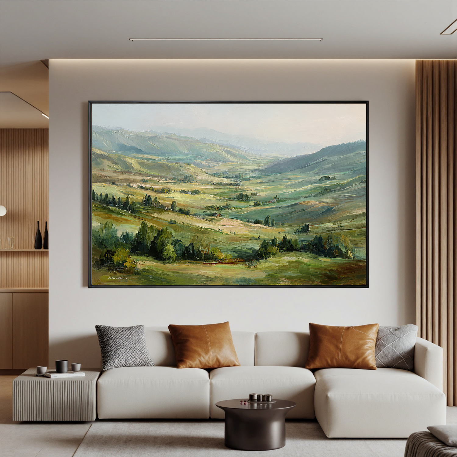 Large Rolling Hills Landscape Oil Painting – Scenic Green Valley Canvas Wall Art#OA 0893