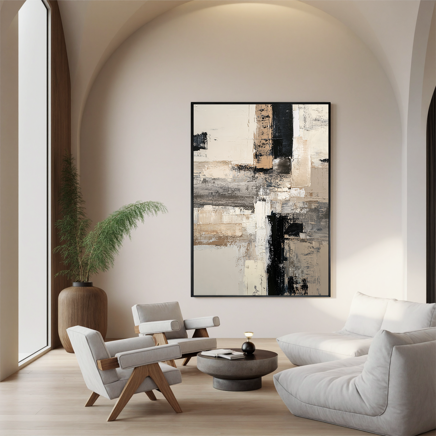 Neutral Abstract Canvas Wall Art – Black White Beige Modern Minimalist Painting for Living Room Decor#OA 0879