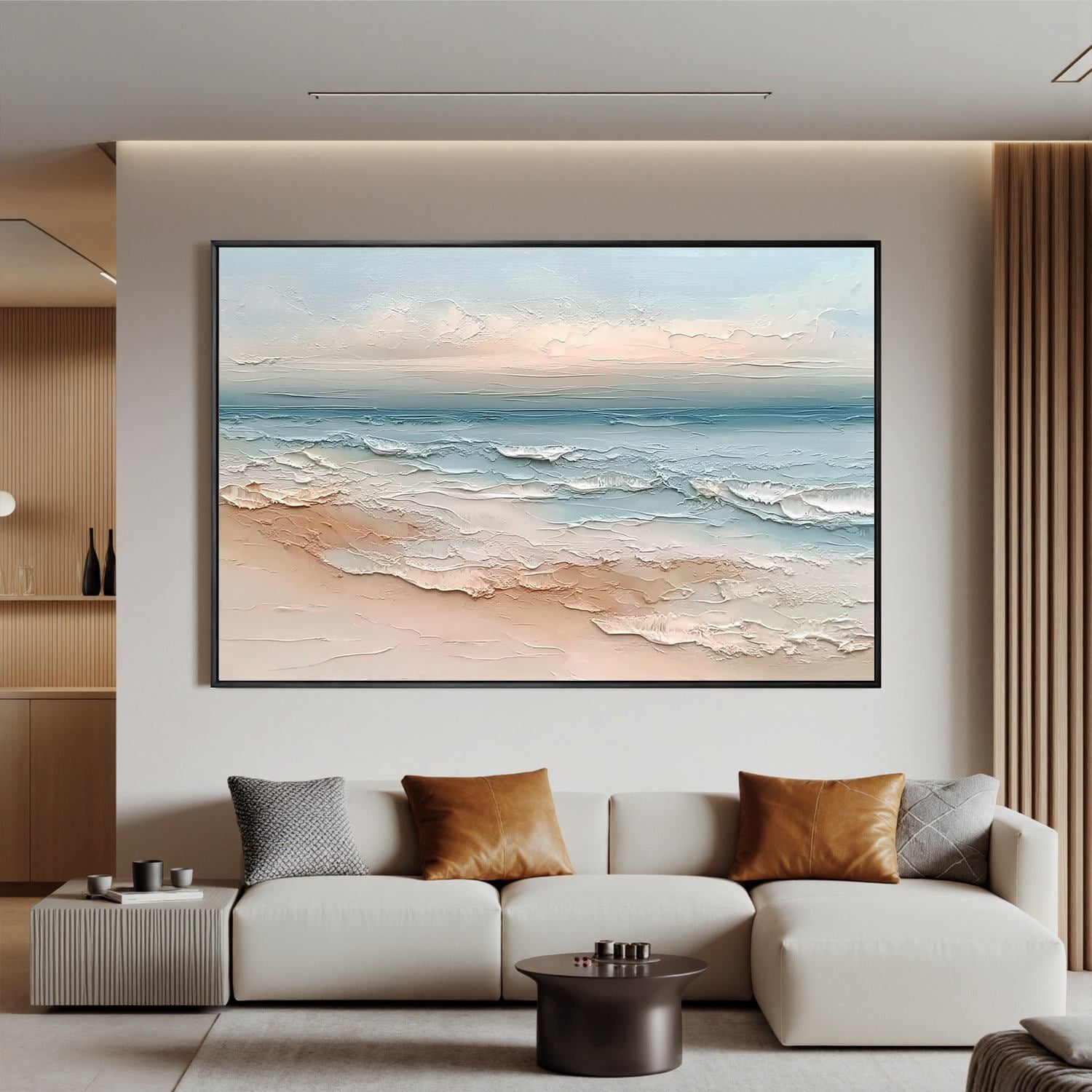 Soft Coastal Beach Oil Painting | Textured Ocean Wave Wall Art for Modern Coastal Living Room Decor #OA 0430