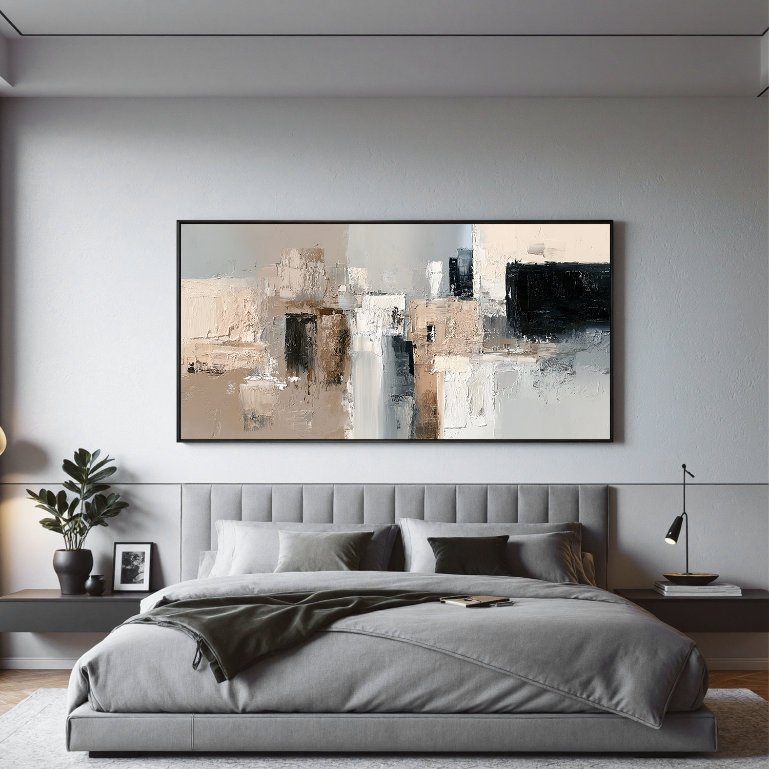 Large Neutral Abstract Canvas Wall Art – Modern Textured Black White Beige Painting for Living Room Decor#OA 0874