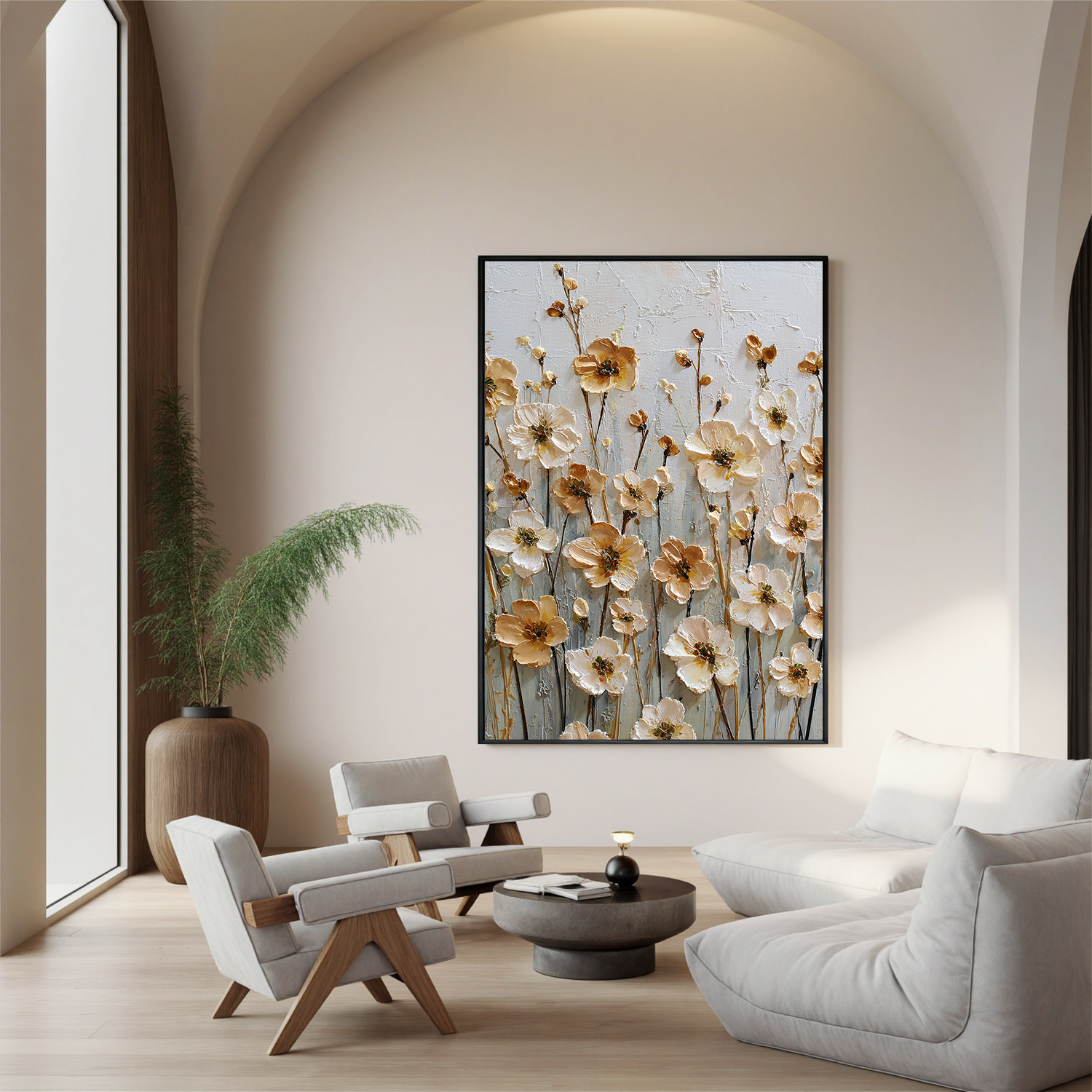 Vertical Floral Canvas Wall Art – Elegant Neutral Flower Painting for Bedroom & Modern Home Decor#OA 0846