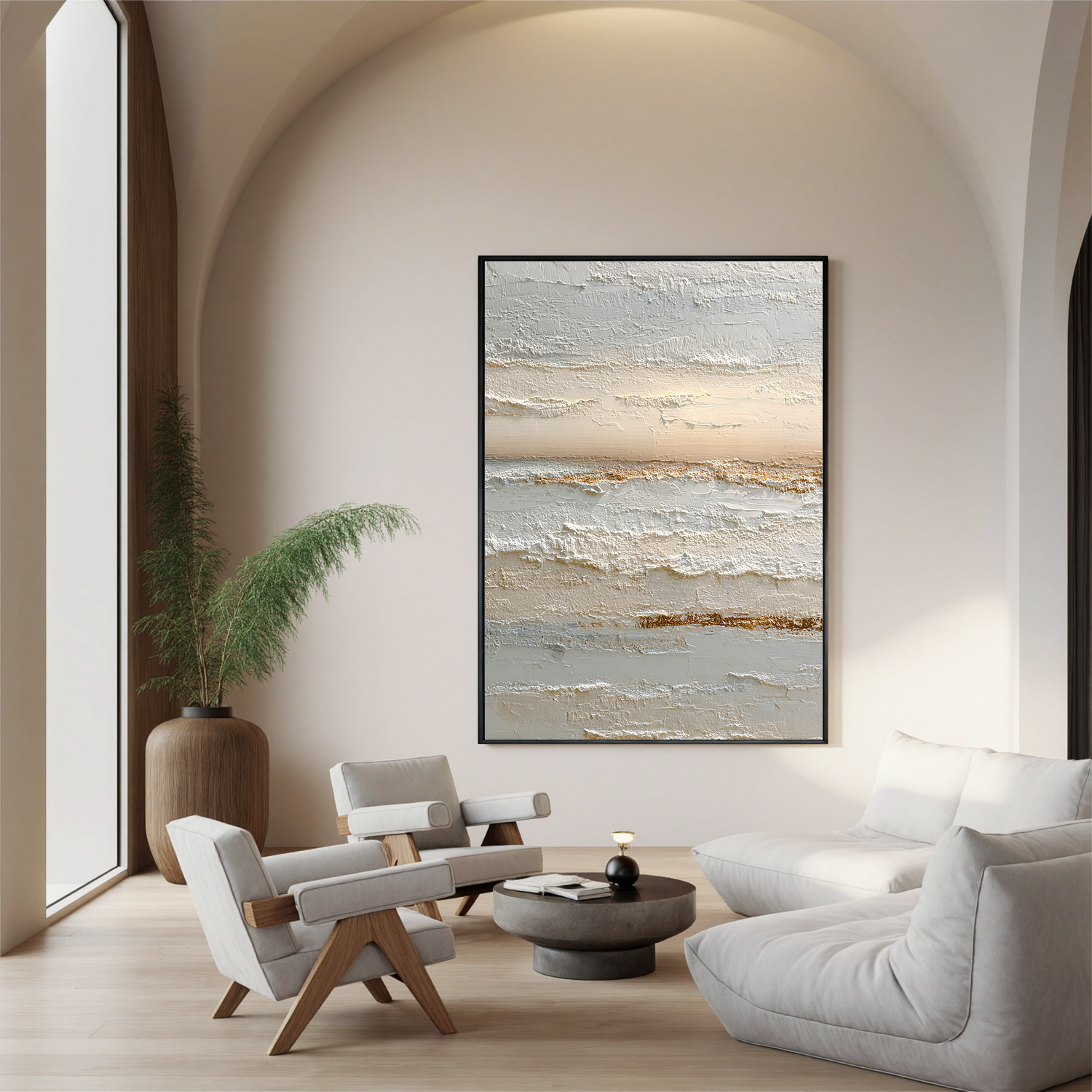 Neutral Abstract Canvas Wall Art – Textured Minimalist Painting in Cream and Beige for Living Room Decor#OA 0856