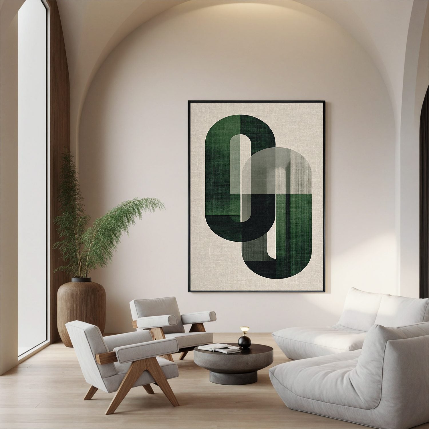 Modern Green Geometric Abstract Wall Art, Emerald Arch Shape Canvas Painting for Living Room Décor #OA 0007