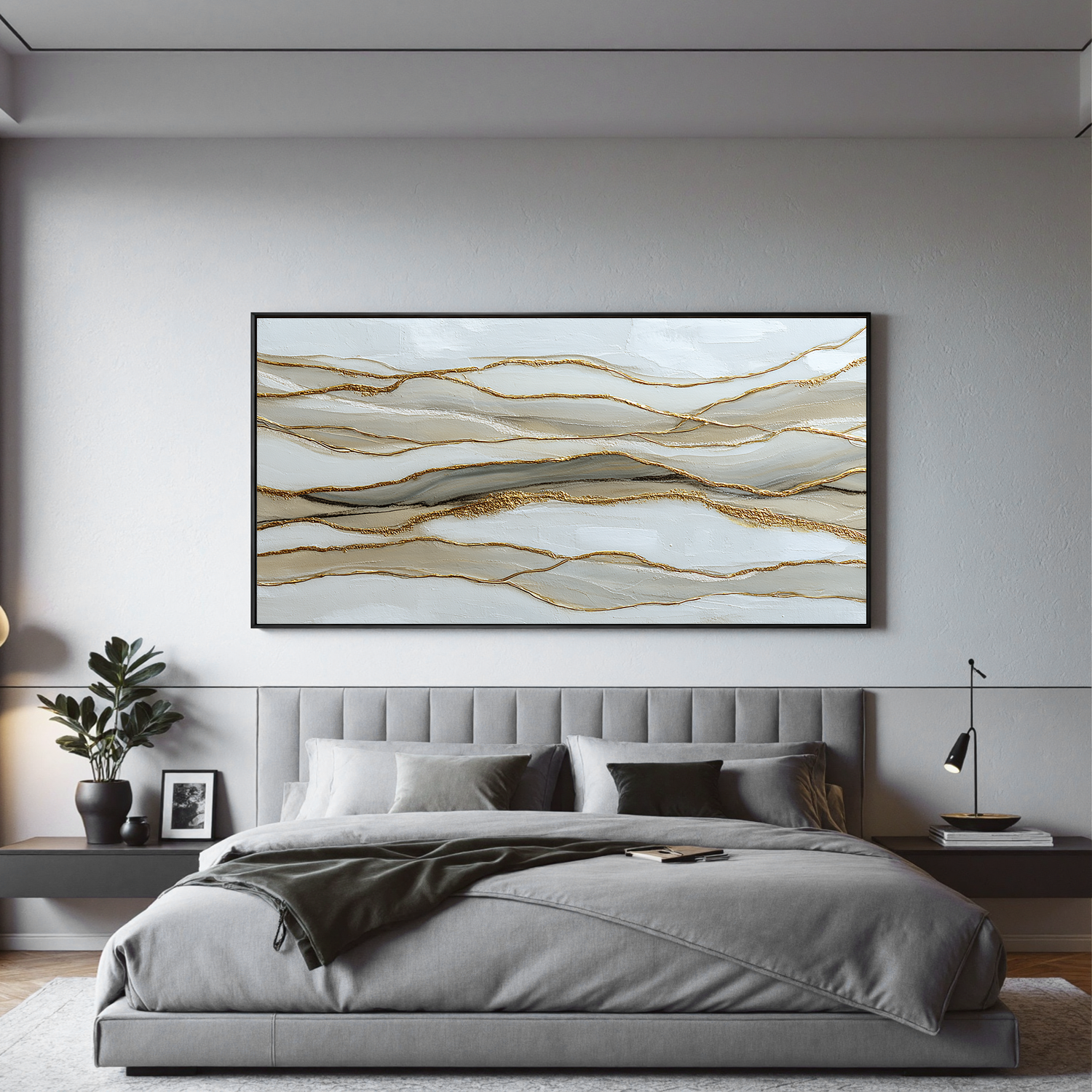 Large Horizontal Abstract Canvas Wall Art – Neutral Beige White and Gold Textured Painting for Modern Living Room Decor#OA 0870