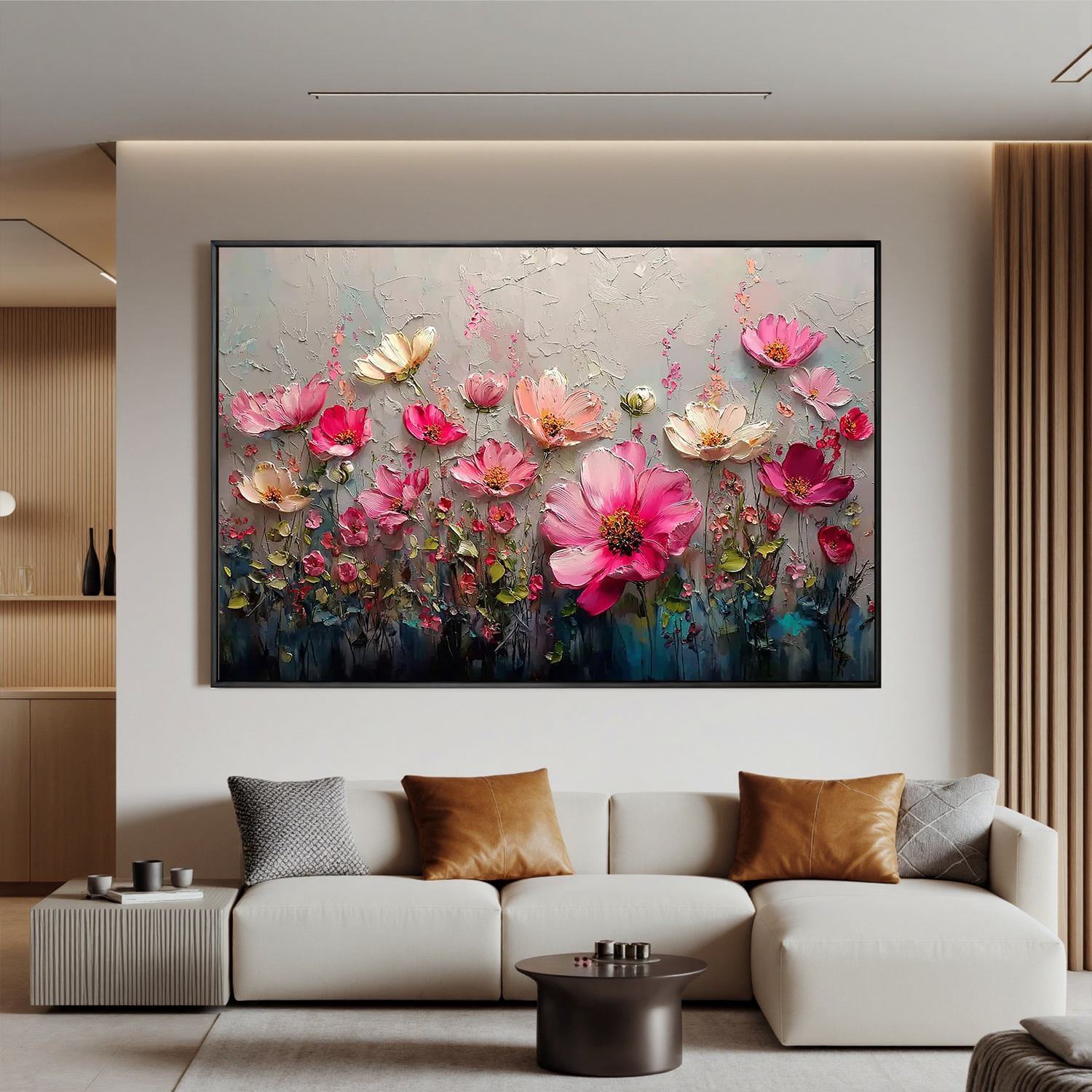 Pink Floral Wall Art, Textured Flower Garden Canvas Painting for Living Room Décor #OA 0409